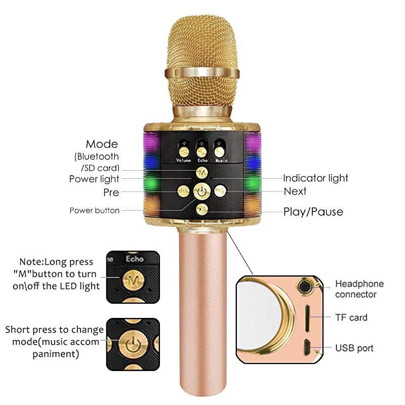 Wireless Bluetooth Karaoke Microphone with Multicolor LED Lights 4 in 1 Portable Handheld Home Party Karaoke Speaker Machine for AndroidiPhoneiPadSonyPCGolden