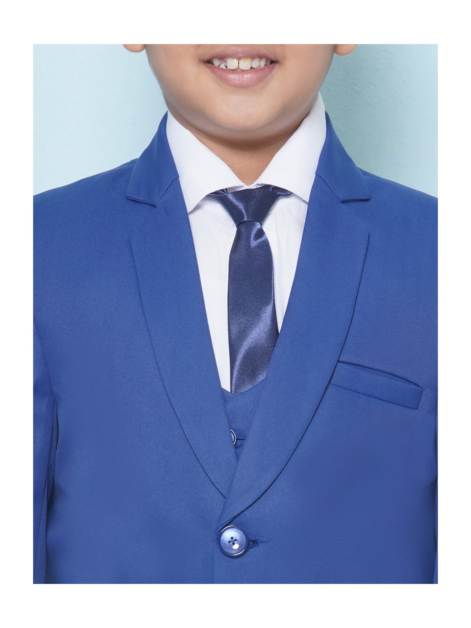 AJ Dezines Kids Blue & White Solid Full Sleeves Shirt, Pants, Coat, Waistcoat with Tie