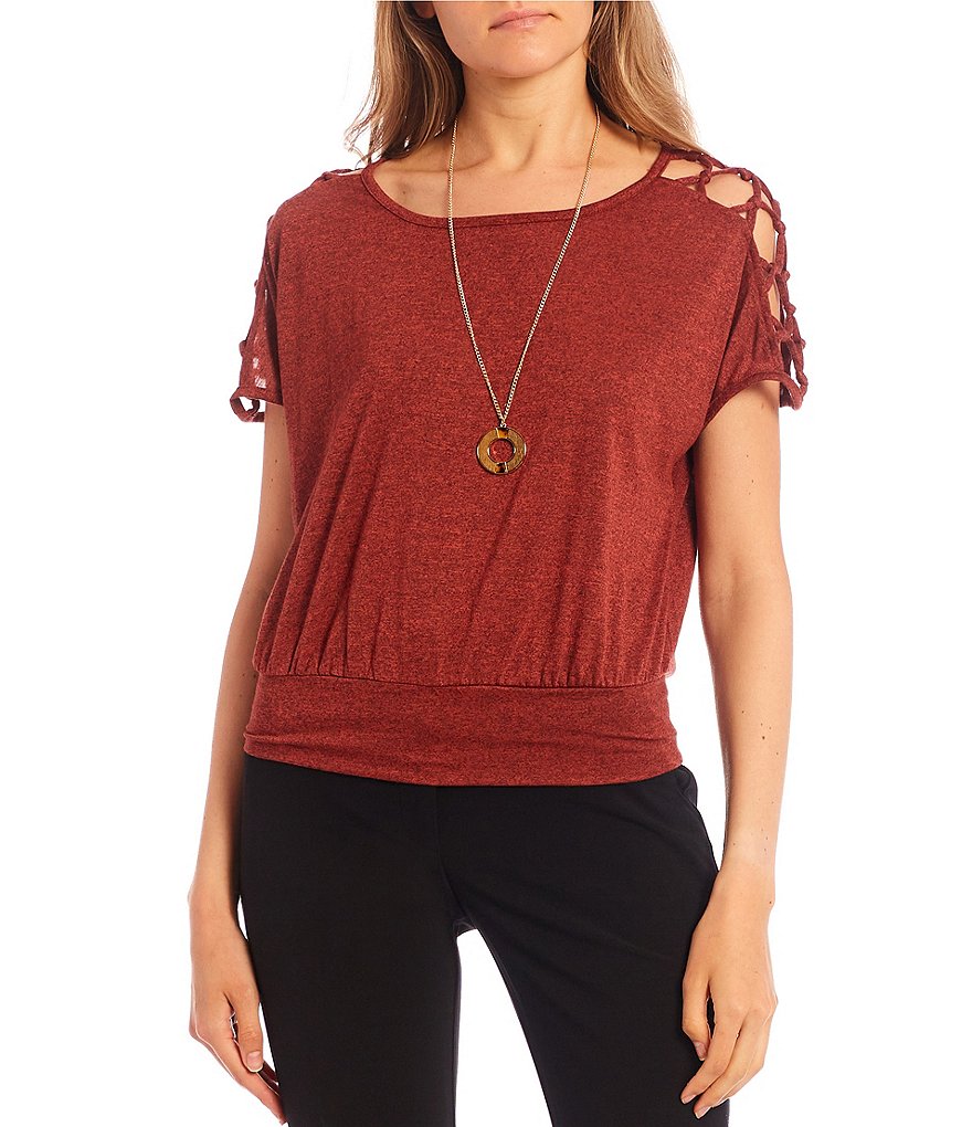 I.N. San Francisco Lattice Short-Dolman Sleeve Solid Knit Top