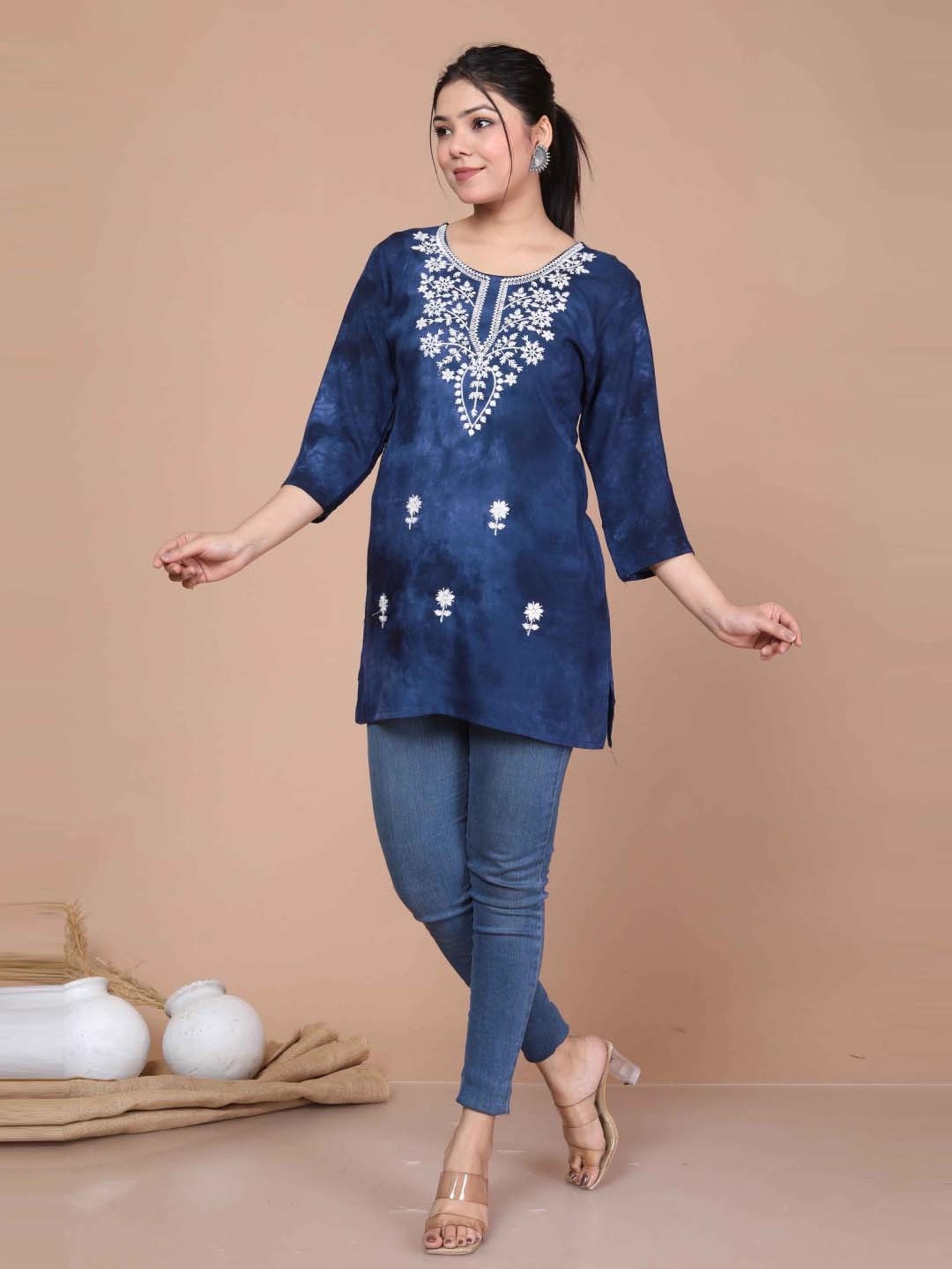 Miravan Blue Embroidered Straight Short Kurti