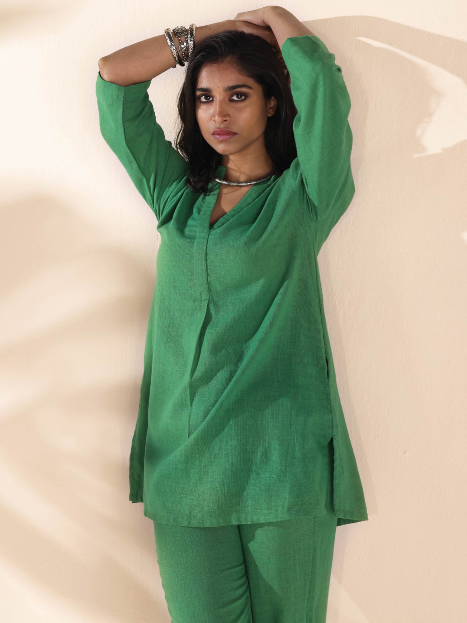 true Browns Green Cotton Self Pattern Tunic Pant Set