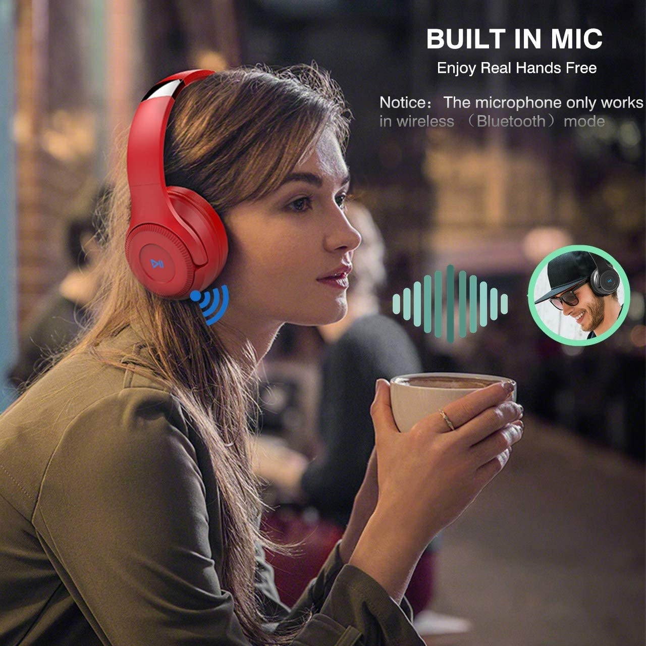 H2 Bluetooth Headphones Over EarDual 50mm Drivers HiFi Stereo Wireless Headphones Noise Cancelling Wireless Over Ear Headset with Mic and WiredTF Card Mode for Cell Phones/PC/TV - Red