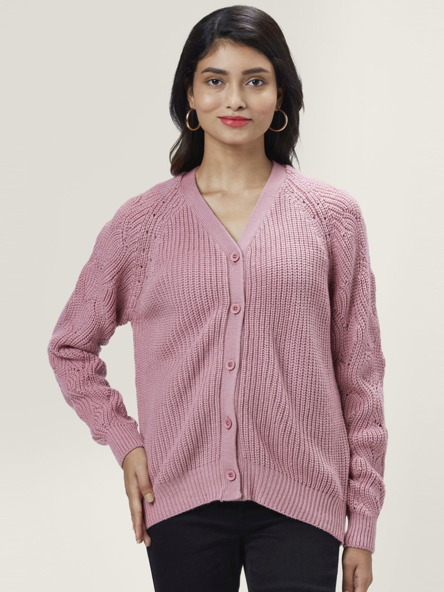 Honey by Pantaloons Pink Self Pattern Cardigan