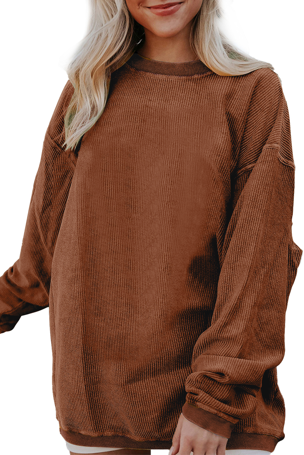 Khaki Plain Drop Shoulder Ribbed Trim Oversized Sweatshirt