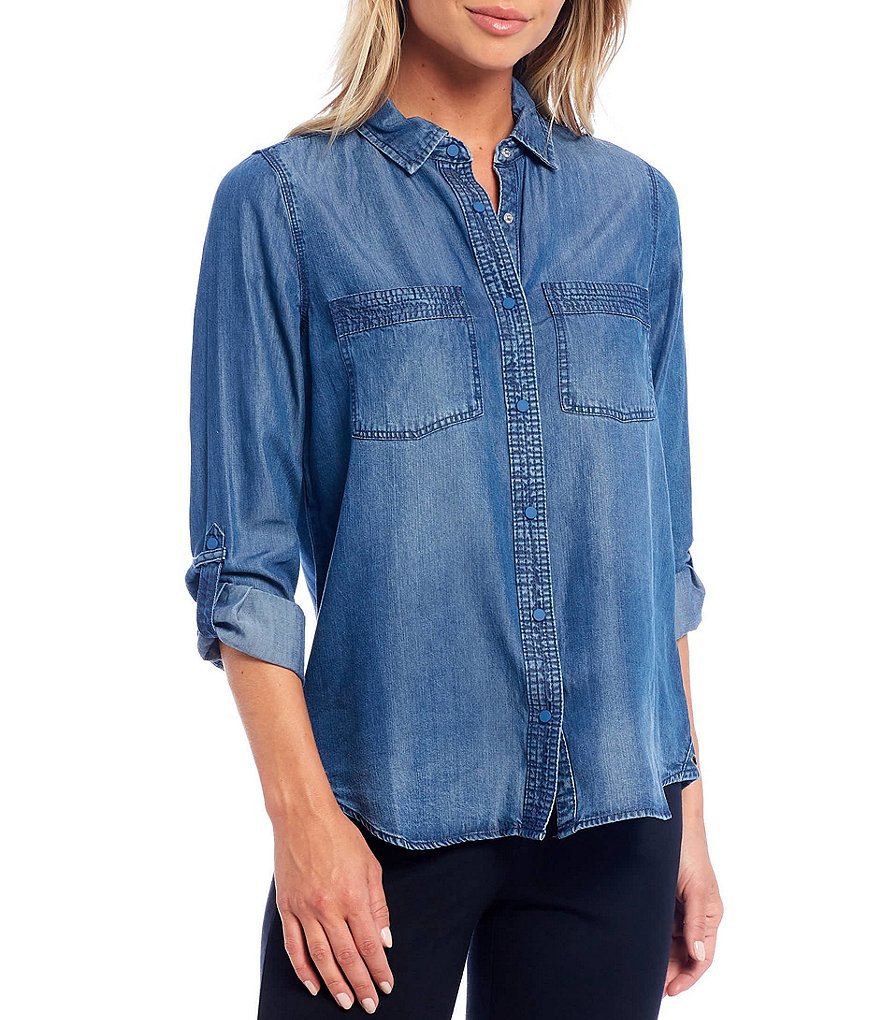 Intro Petites Roll-Tab Sleeve Button Front Slub Lyocell Shirt