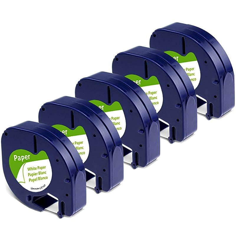 Compatible Tape Replacement for DYMO LetraTag White Paper Refill 91330 10697 12quot x 13 12mm x 4m Black on White Maker Tape for dymo Letra Tag LT100H Plus Printer 5Pack