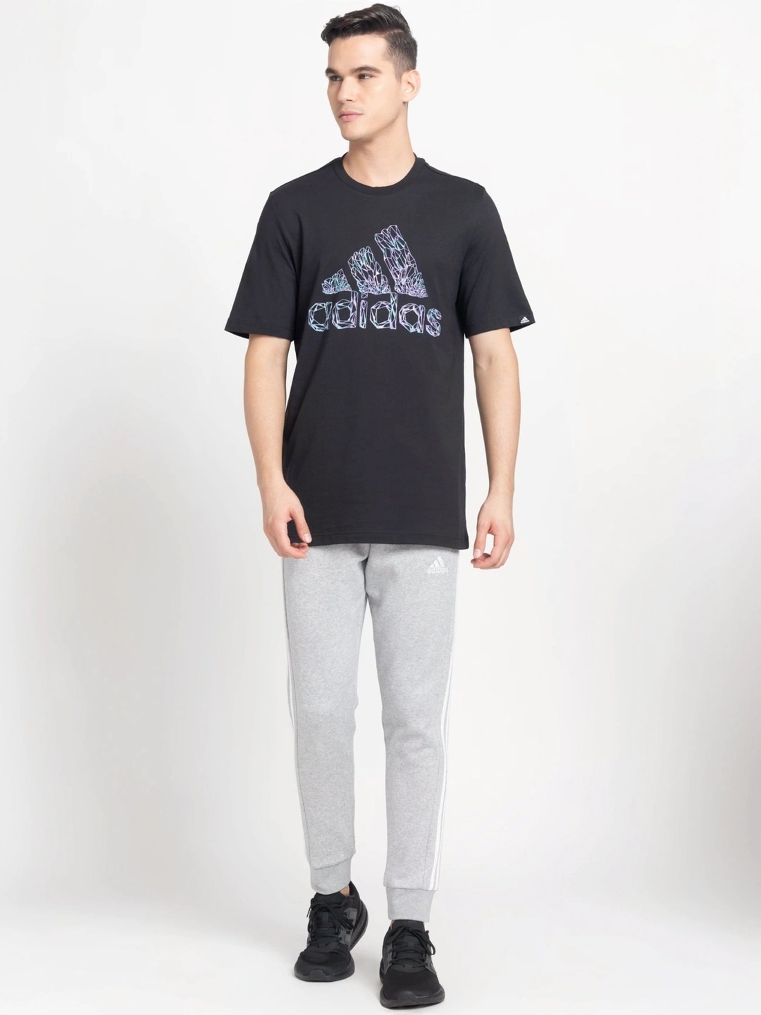 Adidas Black Cotton Regular Fit Logo Printed T-Shirt