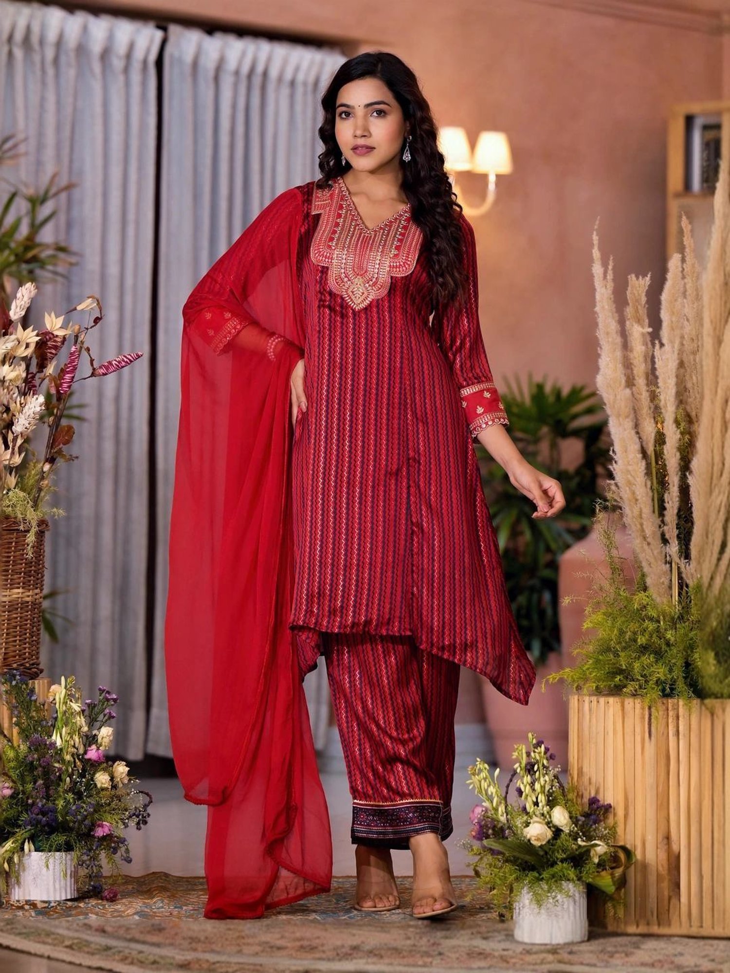 Juniper Red Embroidered Kurta Pant Set With Dupatta