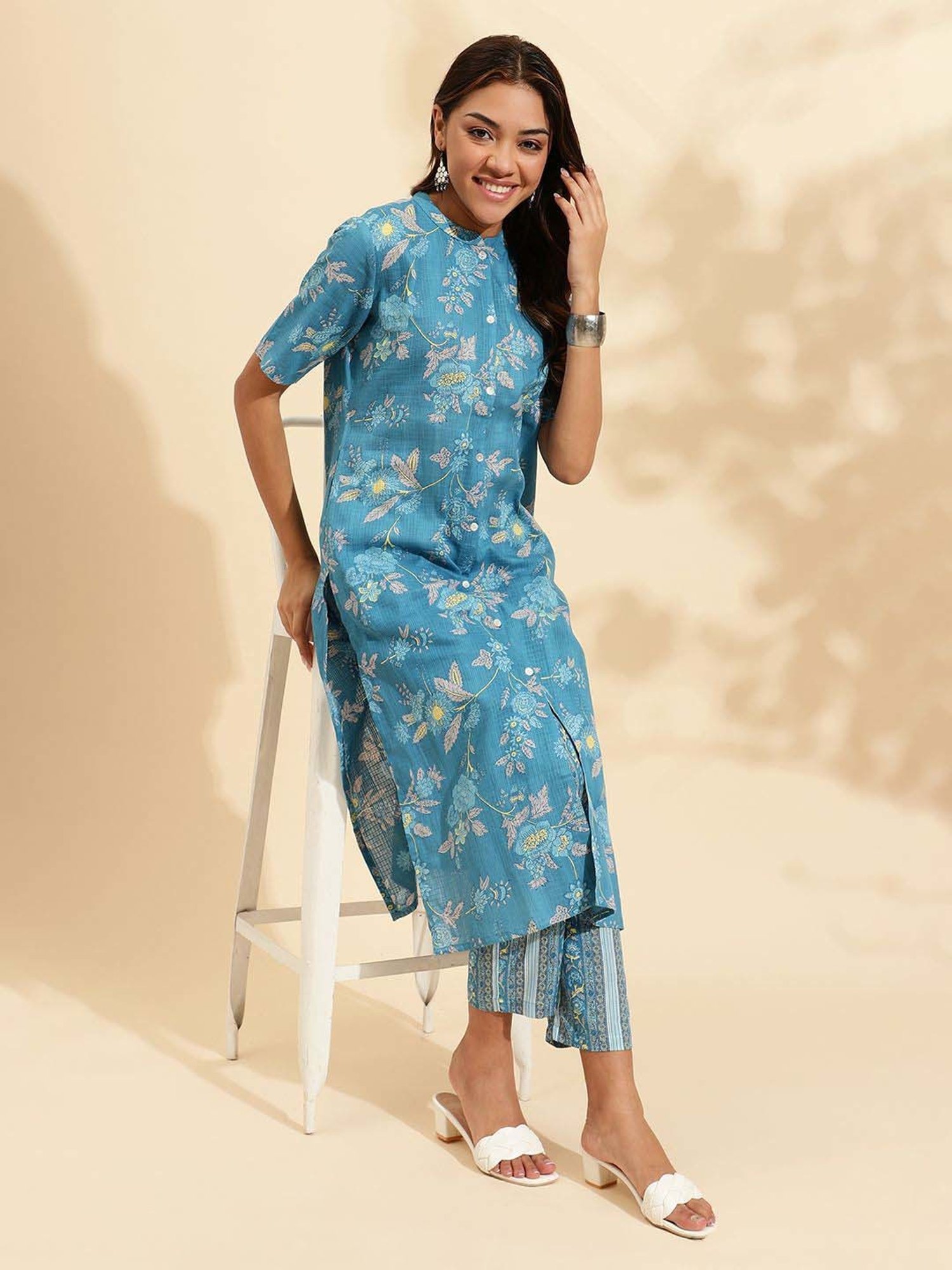 Sringam Blue Cotton Printed Kurta & Pant Set