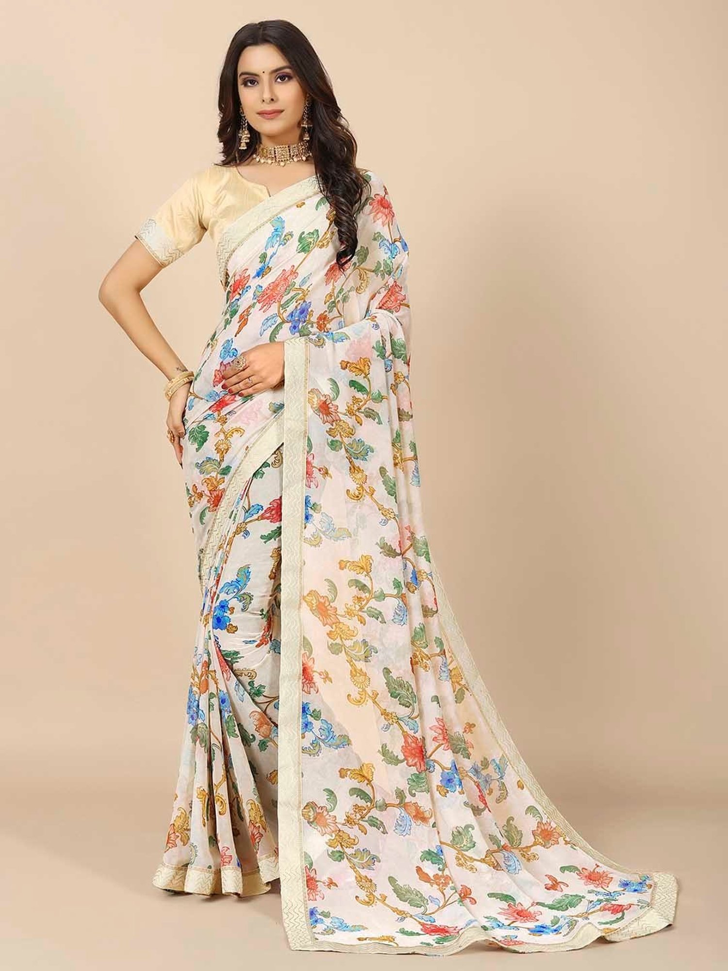 Rangita Off White Floral Print Saree With Blouse