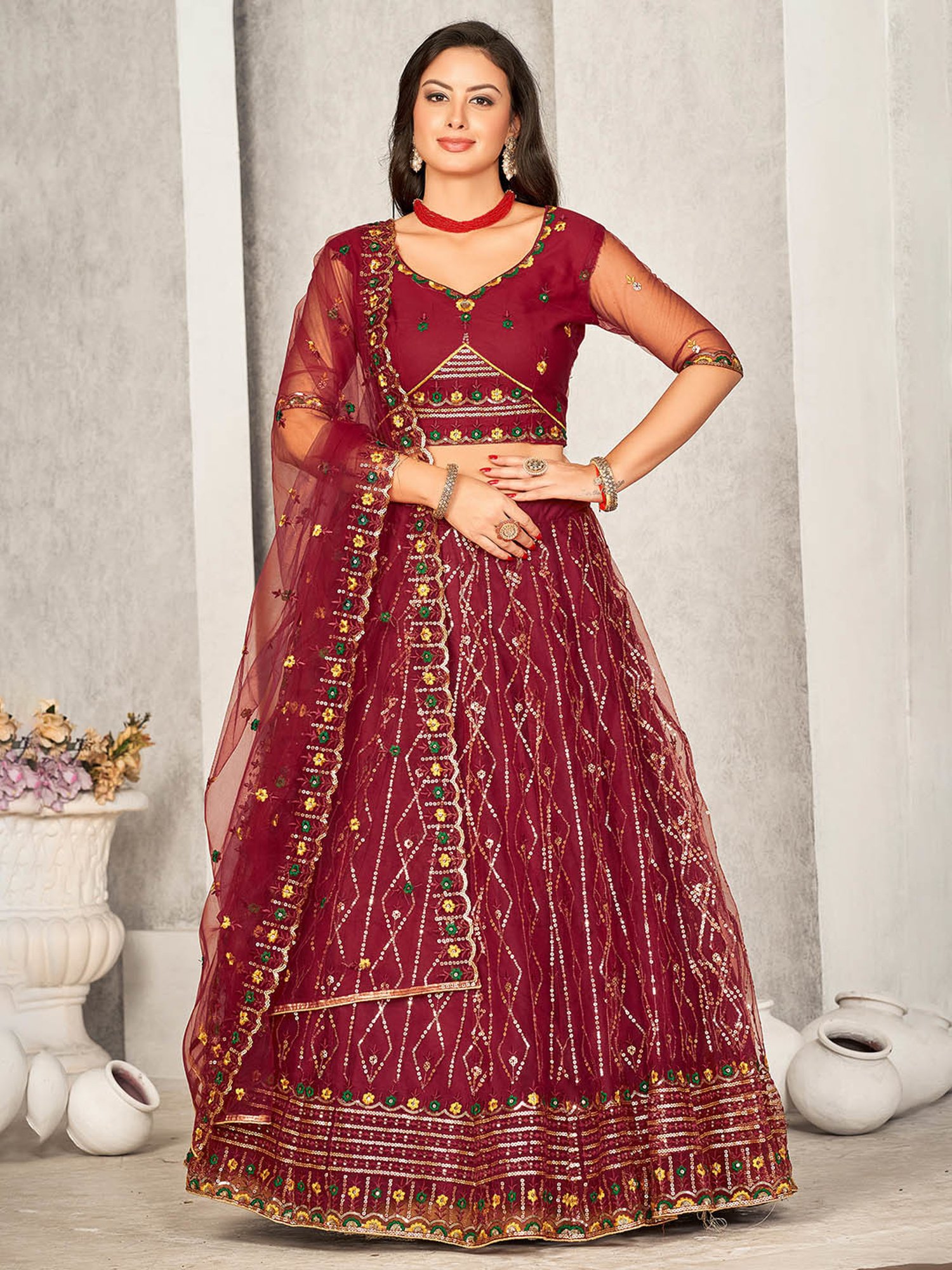 Warthy Ent Maroon Embroidered Lehenga Choli Set With Dupatta