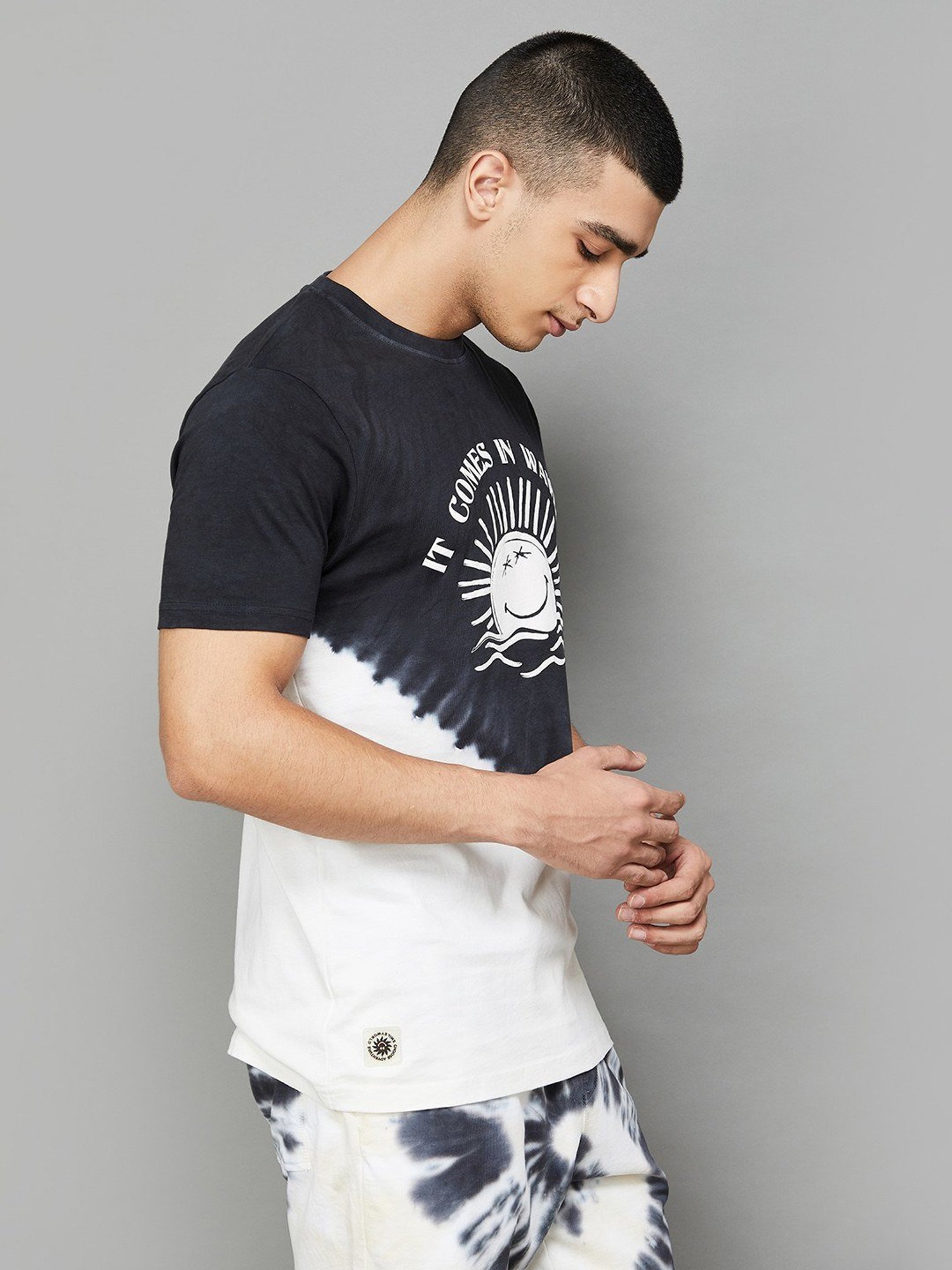 Smileyworld Black Cotton Regular Fit Printed T-Shirt