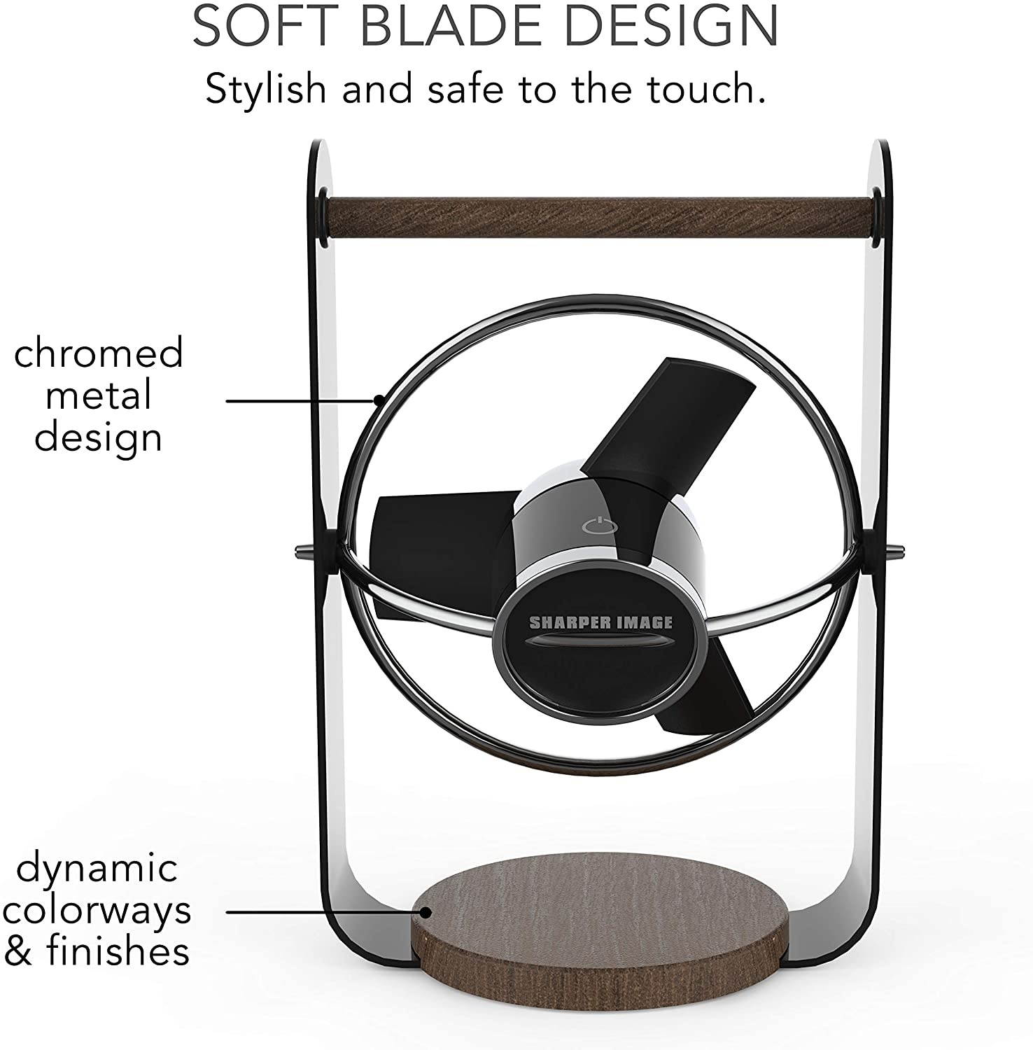 Sharper Image SBV1-SI USB Fan with Soft Blades, 2 Speeds, Touch Control, Quiet Operation, 5V Wall Adapter, 6 ft. Cable, Personal, Black