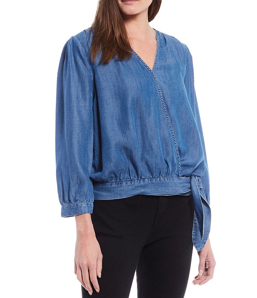 Reba Surplice V-Neck Long Sleeve Faux Wrap Chambray Top