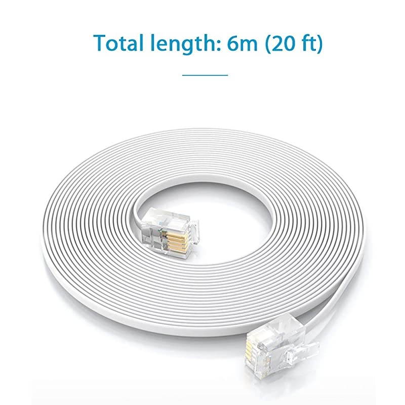 2 Pack 6M 20ft Phone Telephone Extension Cord Cable Line Wire with Standard RJ11 6P4C Plugs for Landline Telephone White