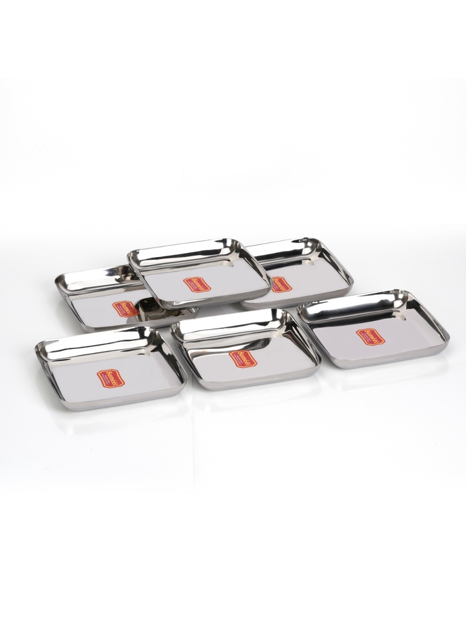 Sumeet S.S. Medium Square Shape Plate/Snacks Plate/Breakfast Plate Set of 6pcs, 15cm dia, Silver
