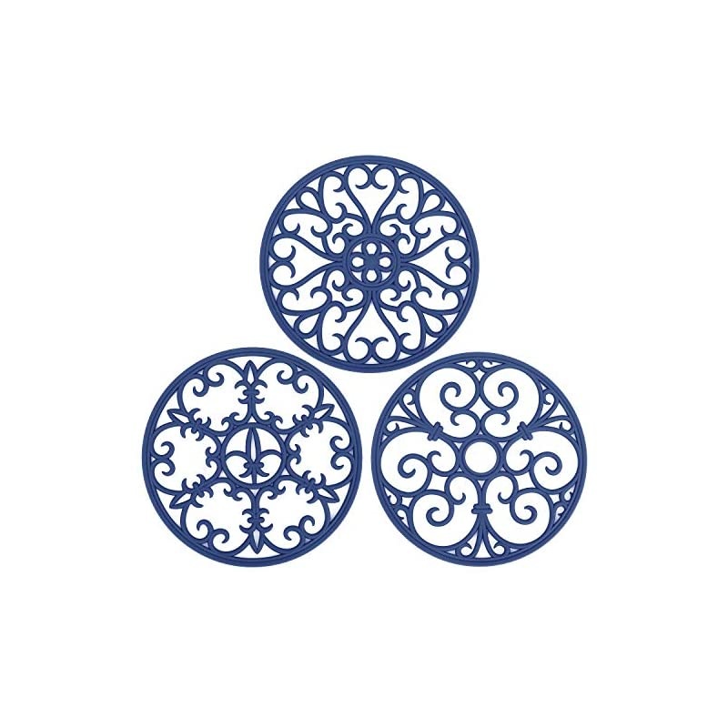 Slip Silicone Carved Trivet Mats Set For Dishes- Heat Resistant Coasters-Modern Kitchen Hot Pads For Pots & Pans | (Round, Set of 3, Navy Blue)