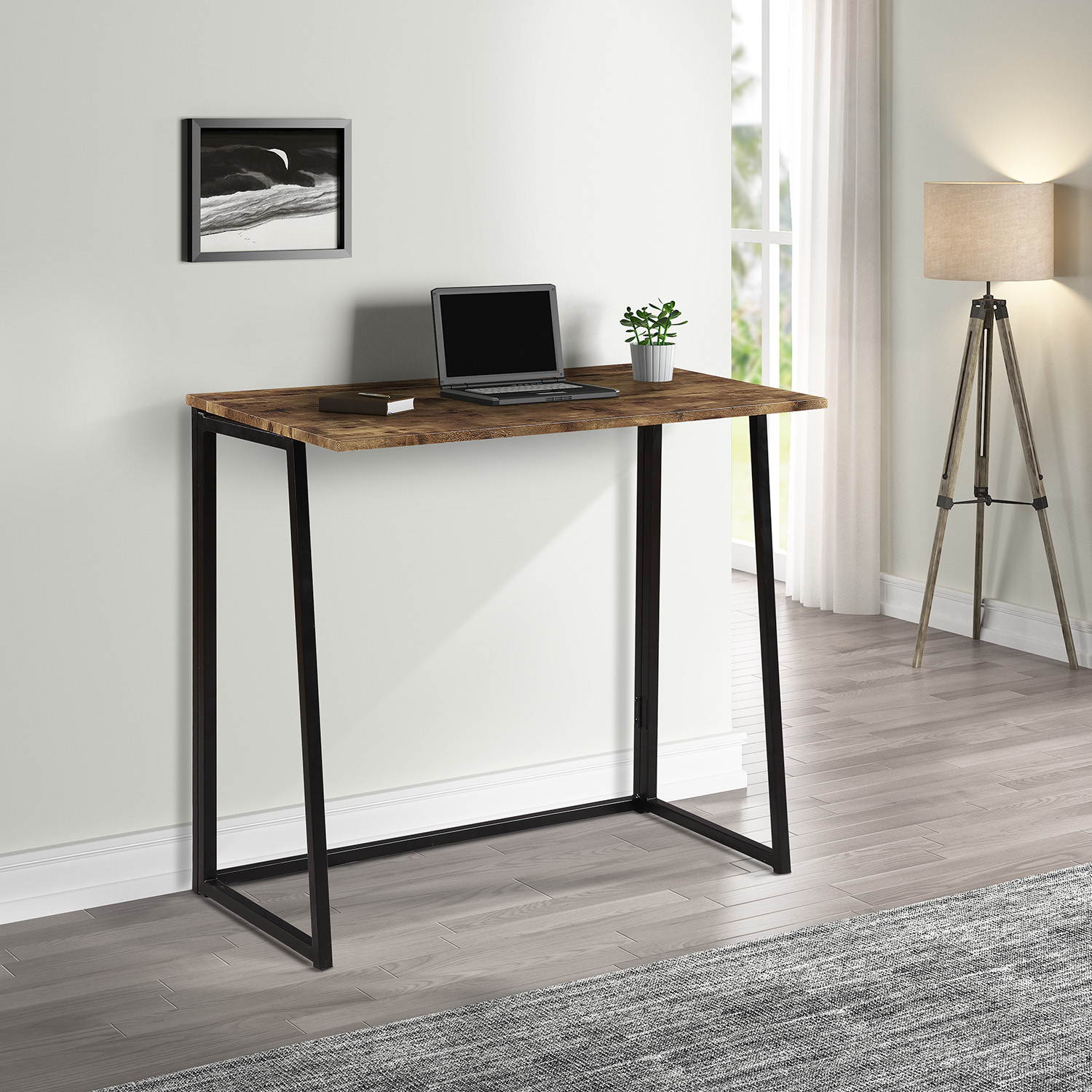 Folding Computer Desk Industrial Style Folding Laptop Table No-Assembly Small Computer Desk Gaming Desk for Small Space Offices with Brown Desktop Black Frame