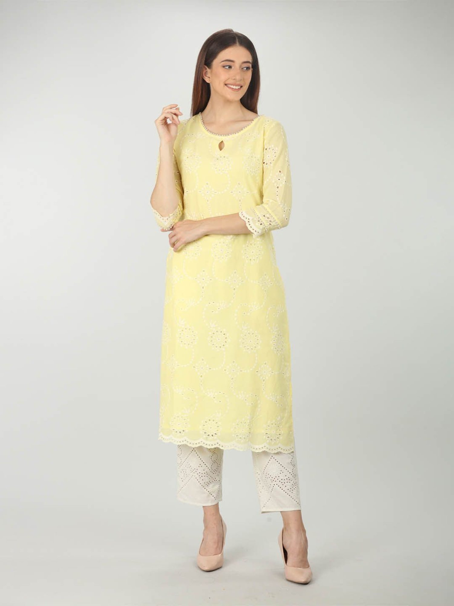 Mustard Off White Cotton Embroidered Pants