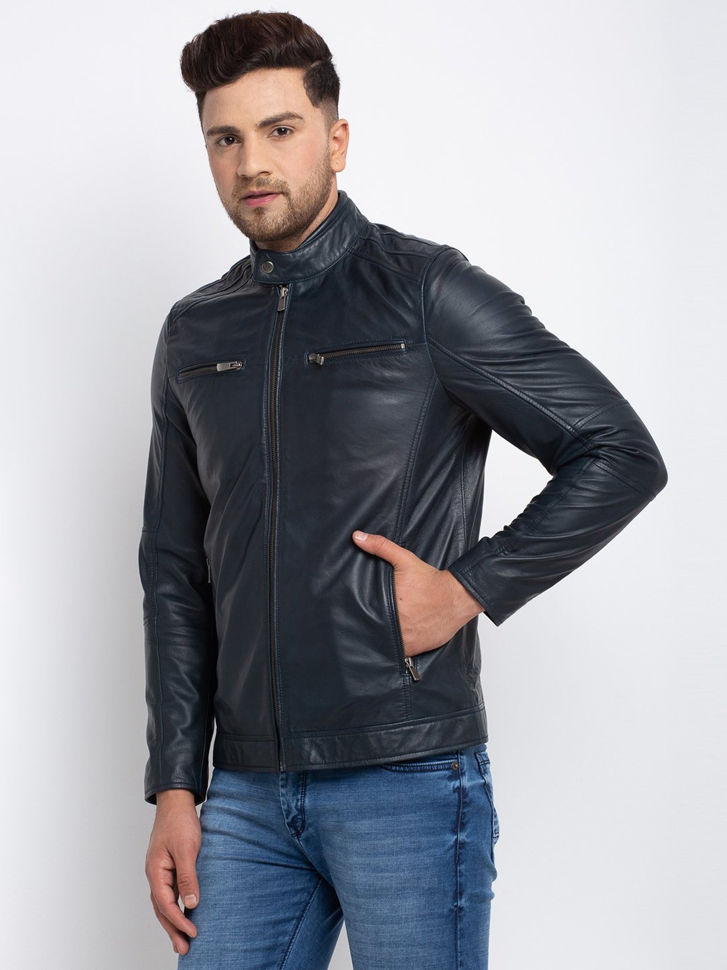 Teakwood Leathers Dark Blue Mandarin Collar Leather Jacket