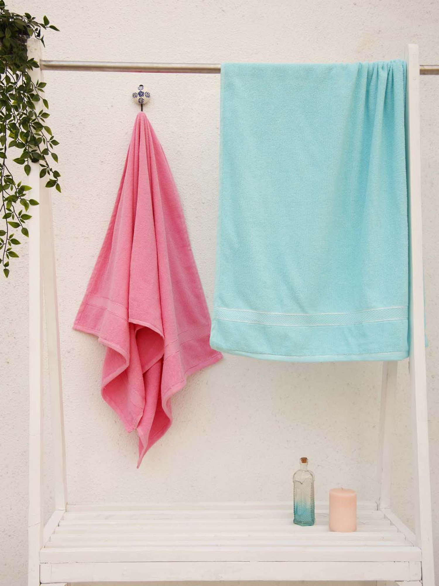 Ariana Aqua Blue & Pink Cotton 400 GSM Etereo Large Couple Bath Towel - Set of 2
