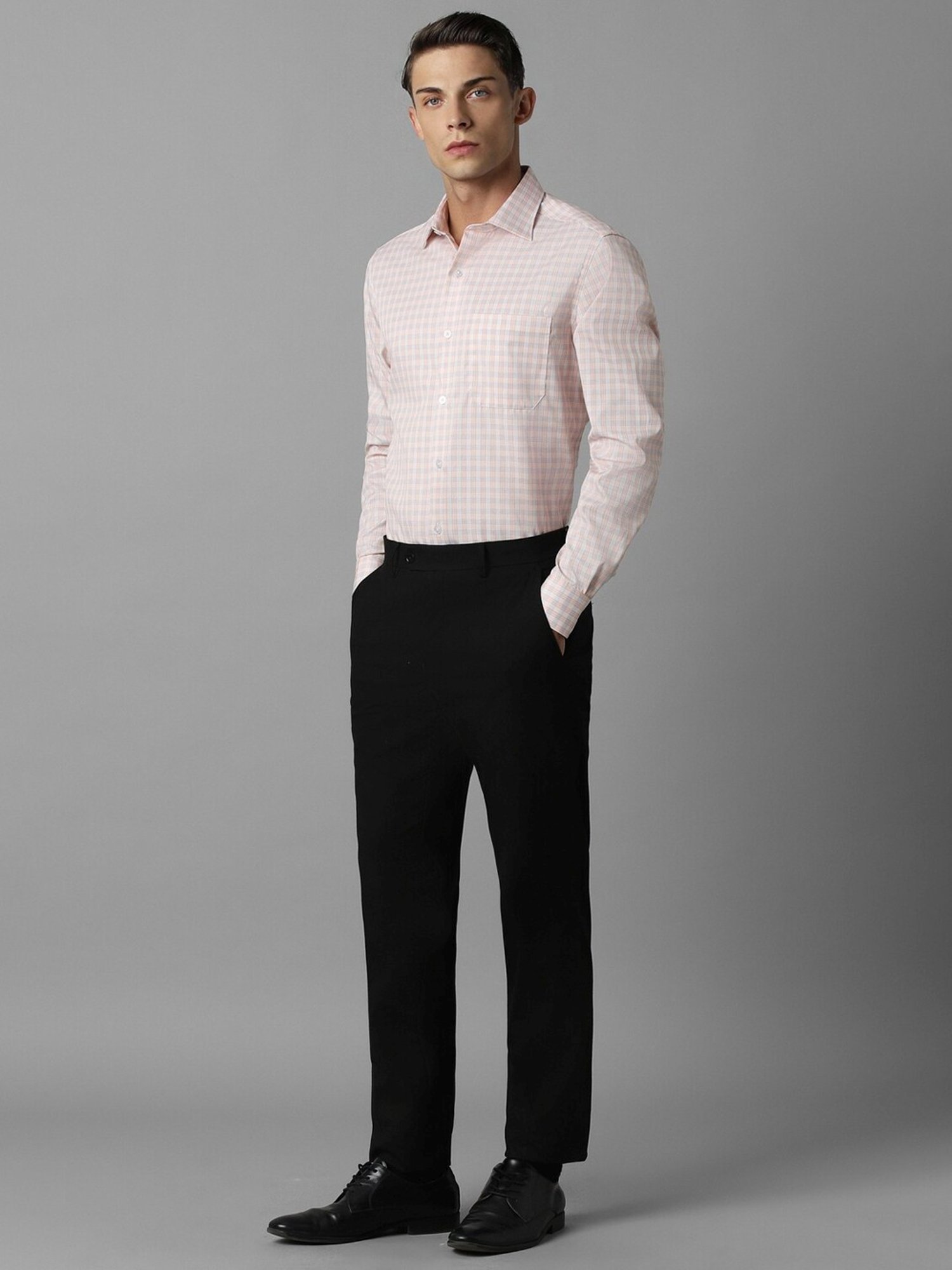 Louis Philippe Peach Cotton Regular Fit Checks Shirt