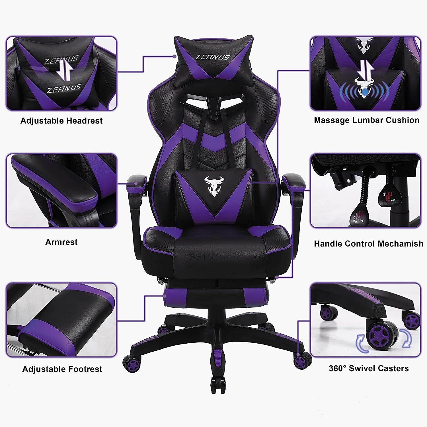 Zeanus Gaming Chair for Adults Green, Gaming Chair with Footrest, Massage Computer Gaming Chair, Reclining Gaming Desk Chair, Big and Tall Video Gaming Chair, Racing Style Chair, E-Sports Gamer Chair