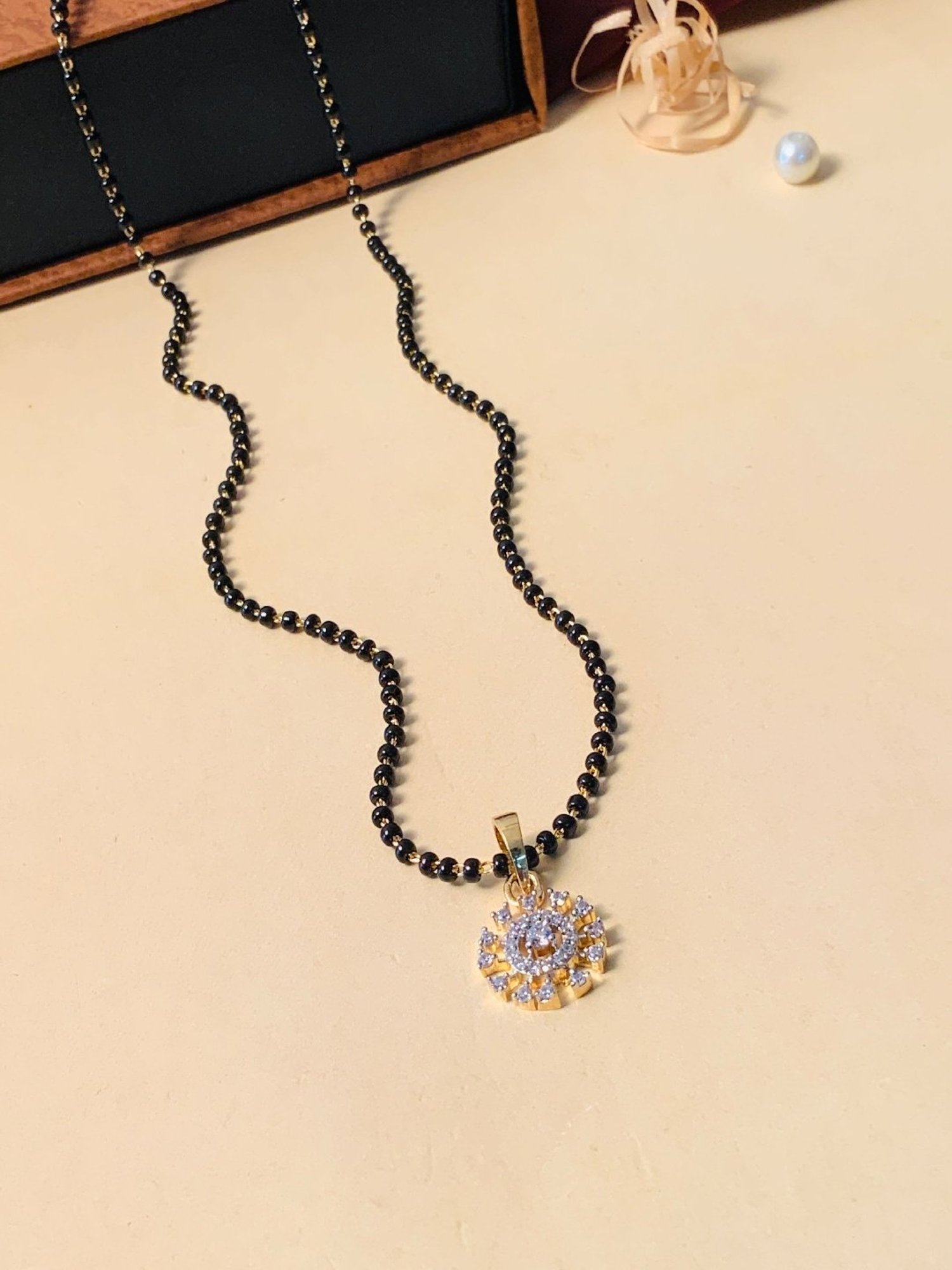 Abdesigns Gold-Plated American Diamond & Black Beaded Mangalsutra