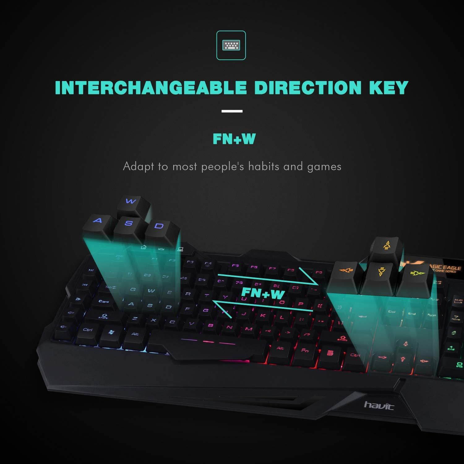 Havit Keyboard Rainbow Backlit Wired Gaming Keyboard Mouse Combo, LED 104 Keys USB Ergonomic Wrist Rest Keyboard, 3200DPI 6 Button Mouse for Windows PC Gamer Desktop, Computer (Black)