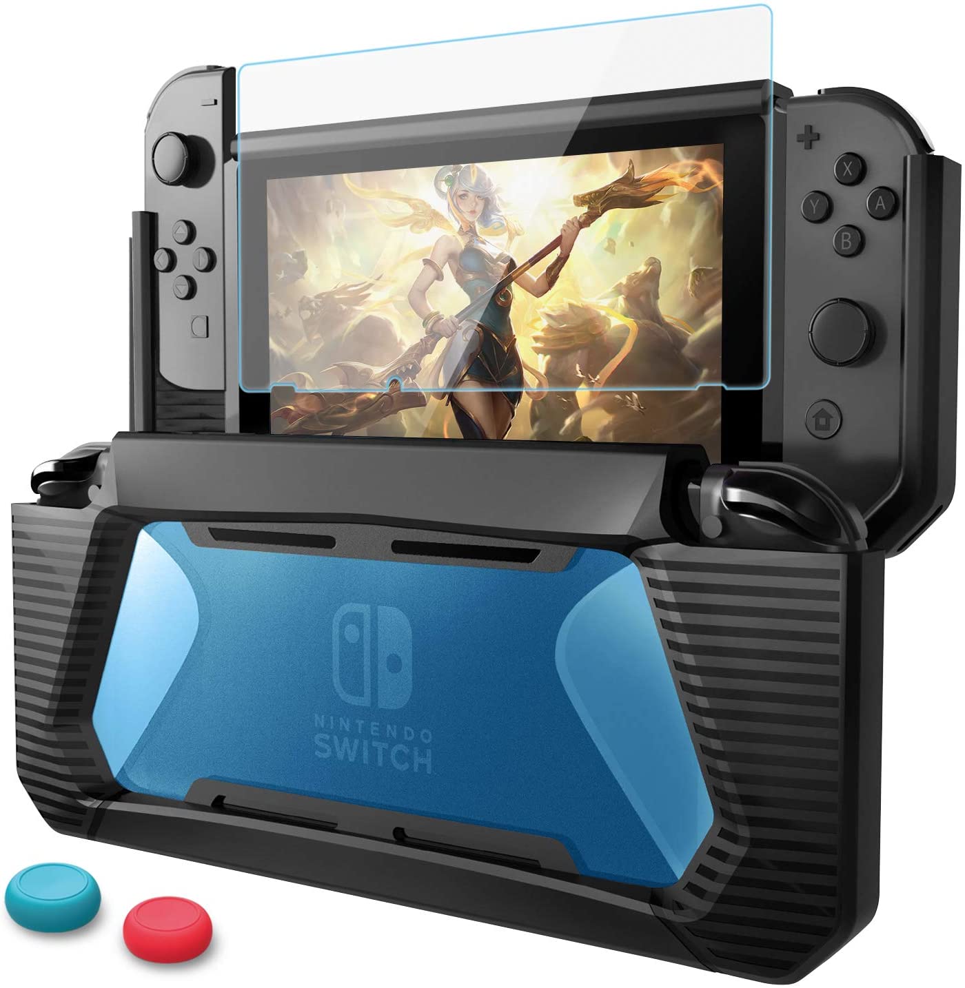 HEYSTOP Compatible with Nintendo Switch Case with Screen Protector, TPU Protective Heavy Duty Cover Case for Nintendo Switch with Shock-Absorption and Anti-Scratch (Black/Blue)