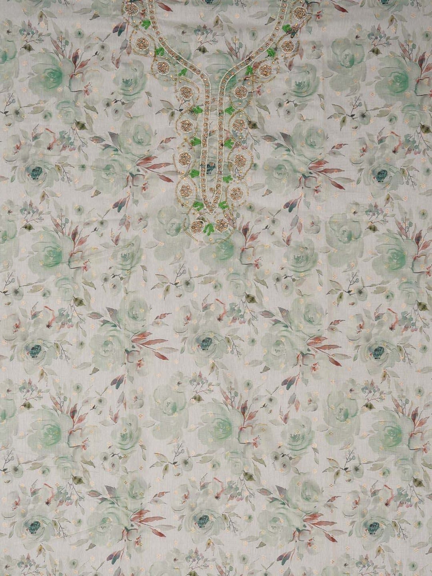 Jaipur Kurti White & Green Embellished Unstitched Dress Material