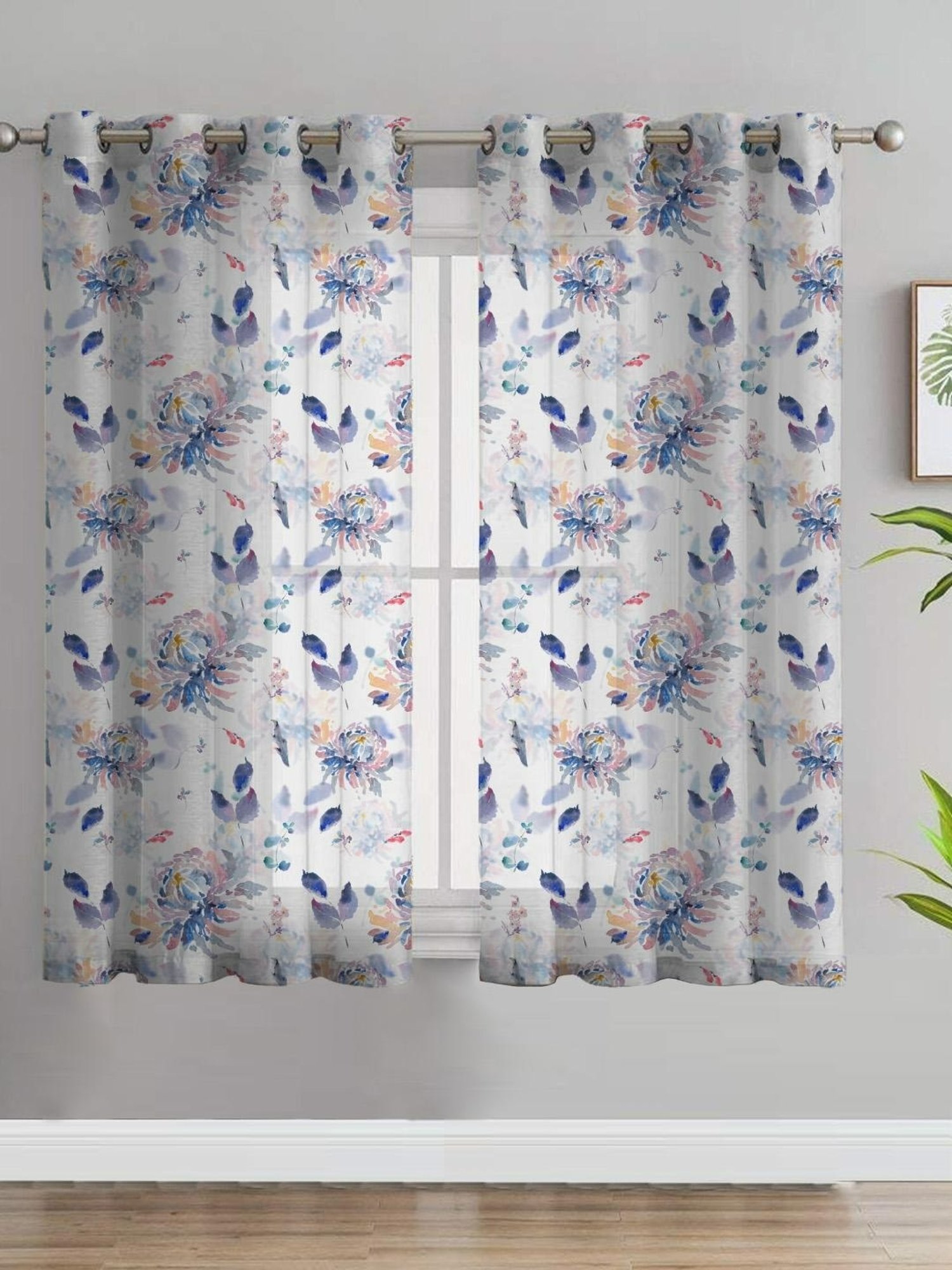 SPACES DRAPE STORY Elegent Floral Blue & White Polyester 5 ft Window Curtains - Set of 2