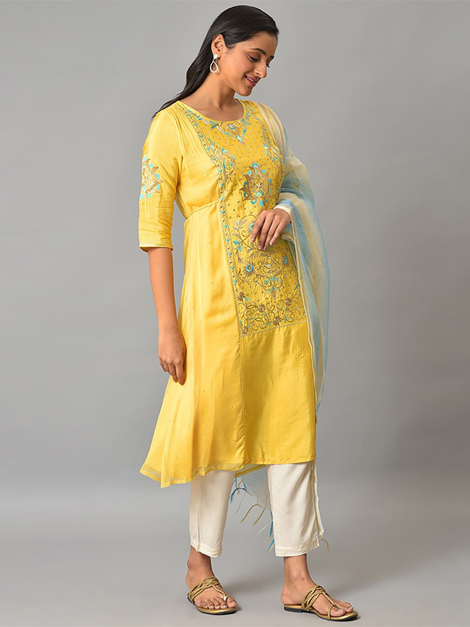 Aurelia Women Yellow Floral Print Viscose Blend Kurta Set with Trousers & Dupatta