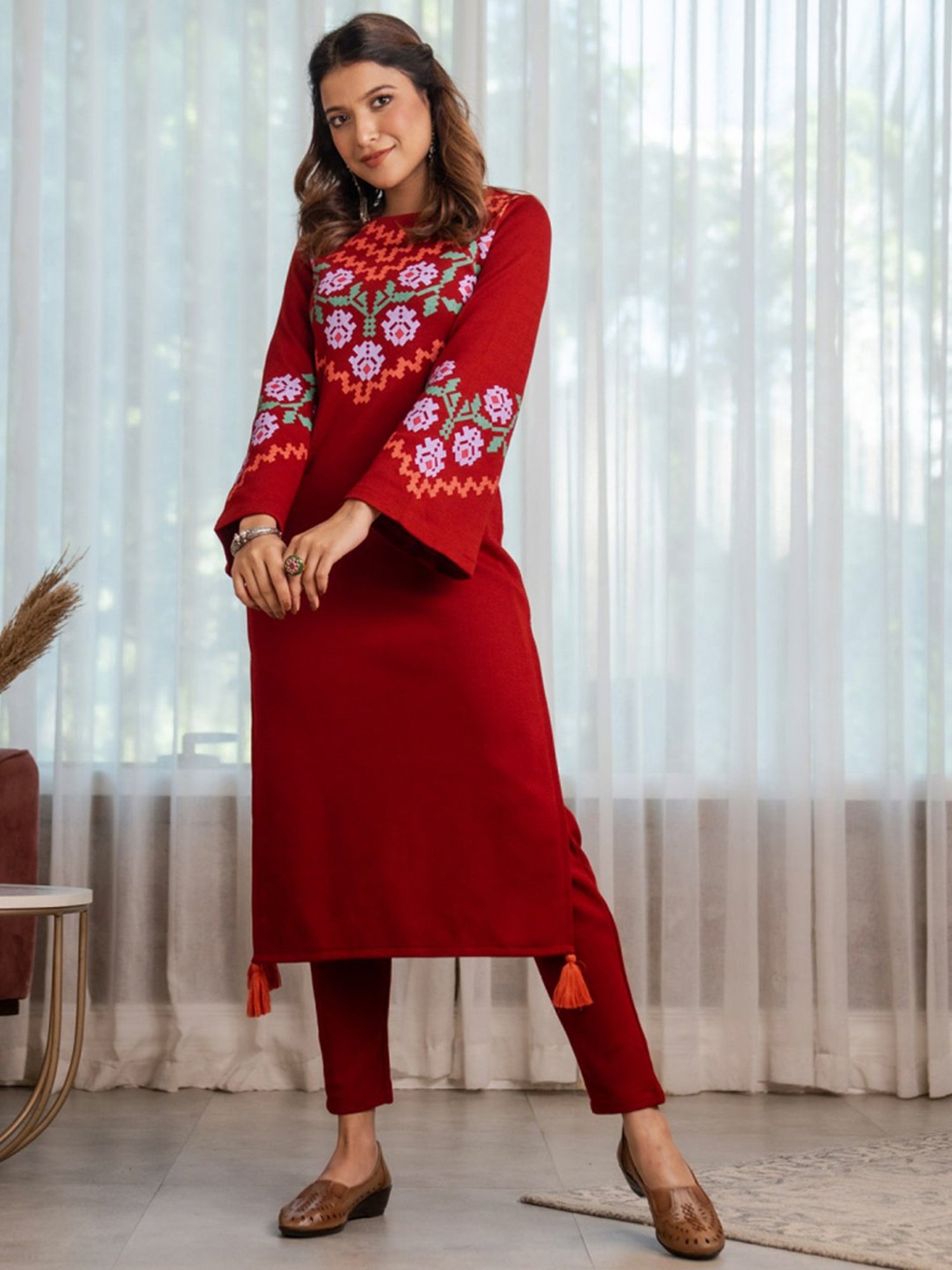 Rustorange Maroon Printed Straight Kurta