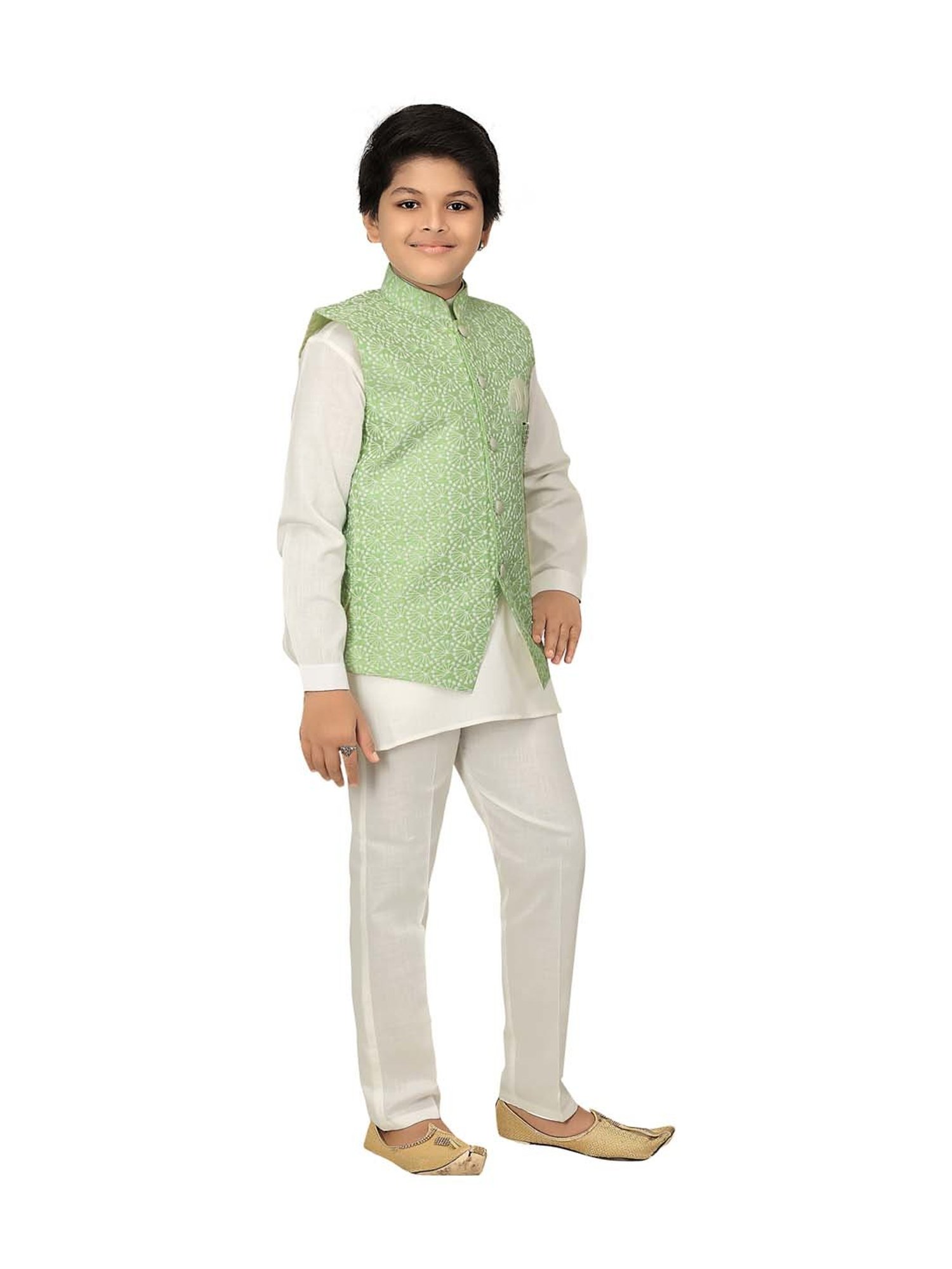Ahhaaaa Kids Mint Green & White Cotton Printed Full Sleeves Kurta Set