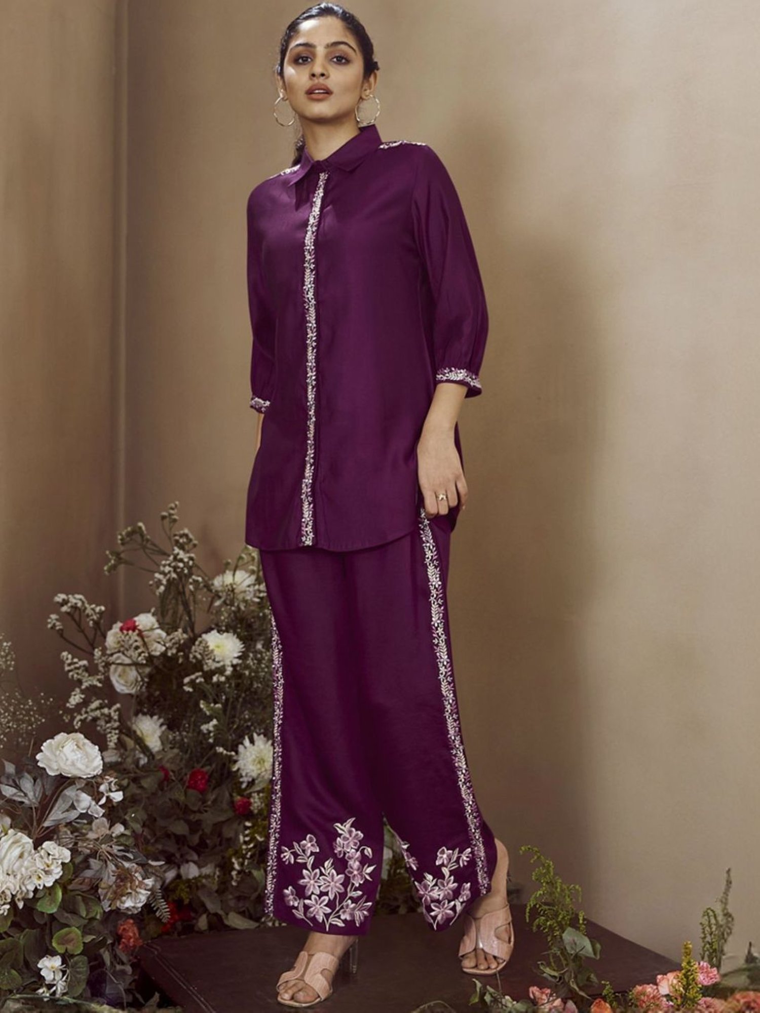 Autumnlane Wine Malini Mulberry Embroidered Tunic with Pant Co-ord Set