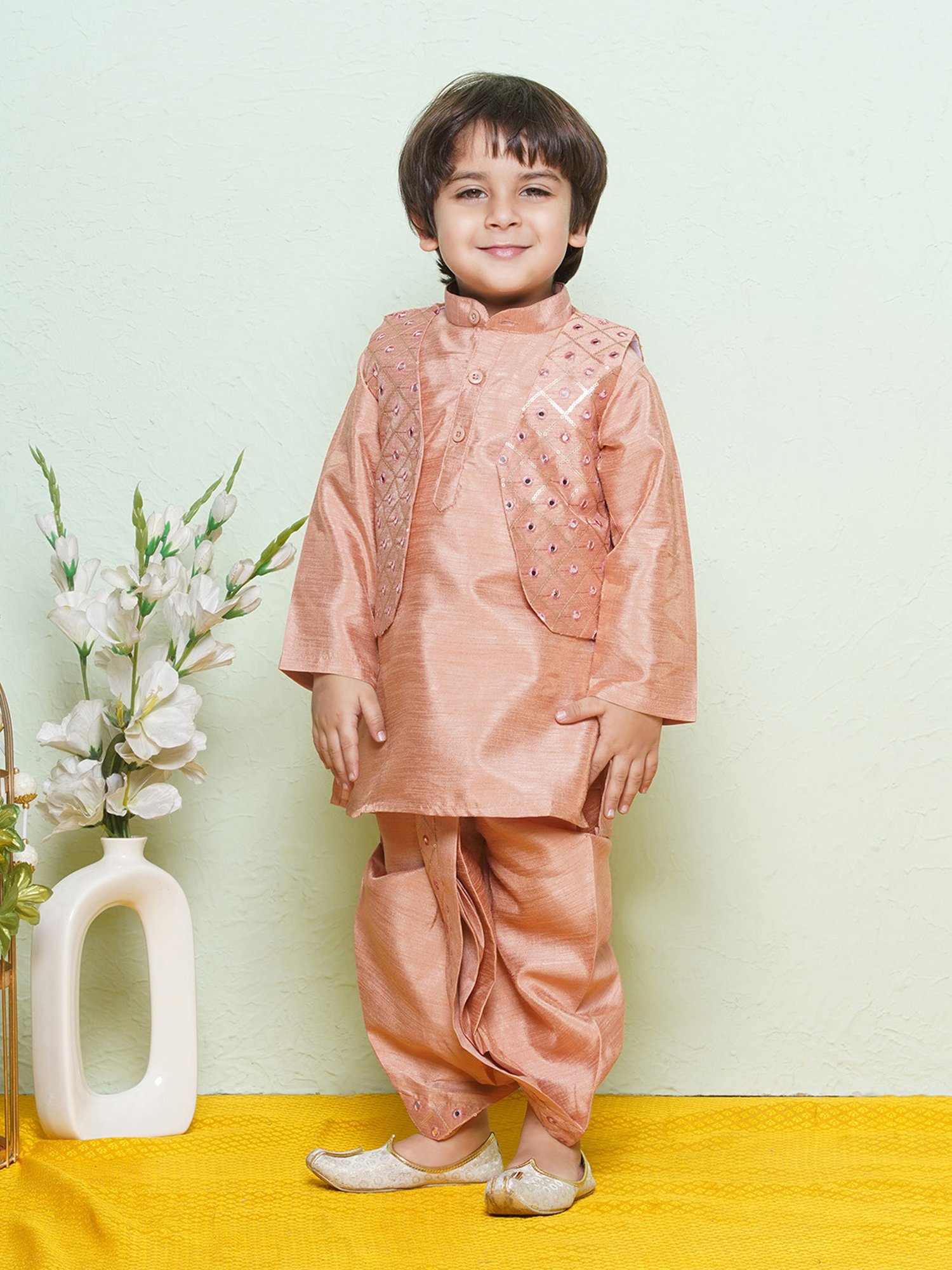 AJ Dezines Kids Peach & Cream Embellished Full Sleeves Kurta, Dhoti with Waistcoat