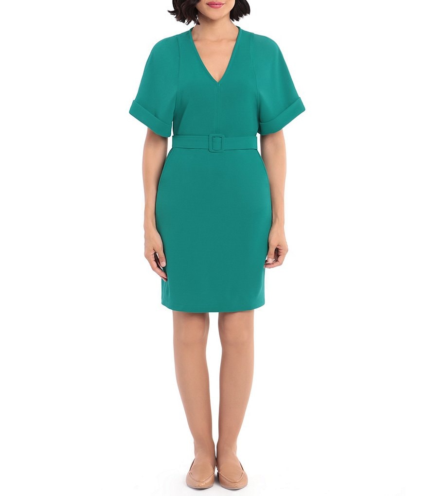 Donna Morgan Cuff Sleeve Knitted Crepe Sheath Dress