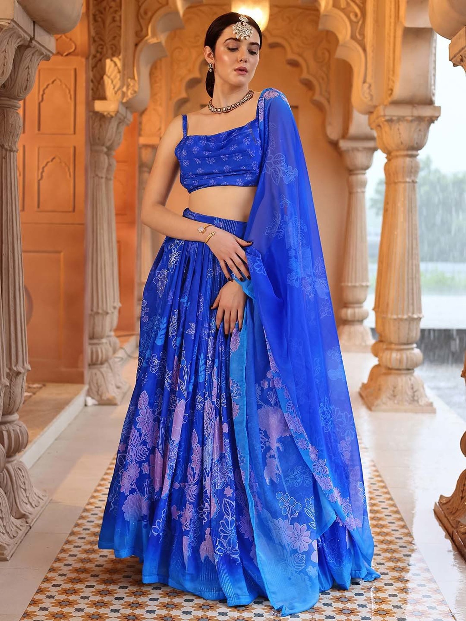 PURVAJA Blue Printed Lehenga Choli Set With Dupatta