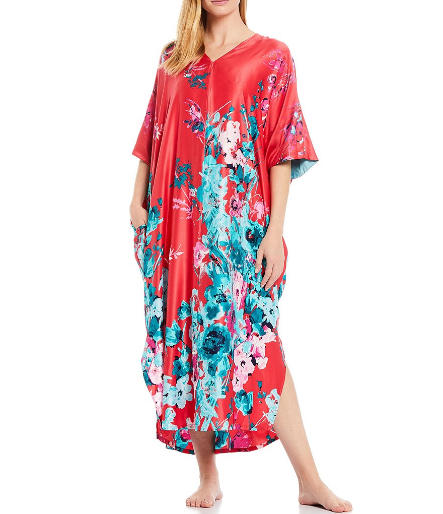 Natori Bloom Printed Satin Woven Zip Front Caftan