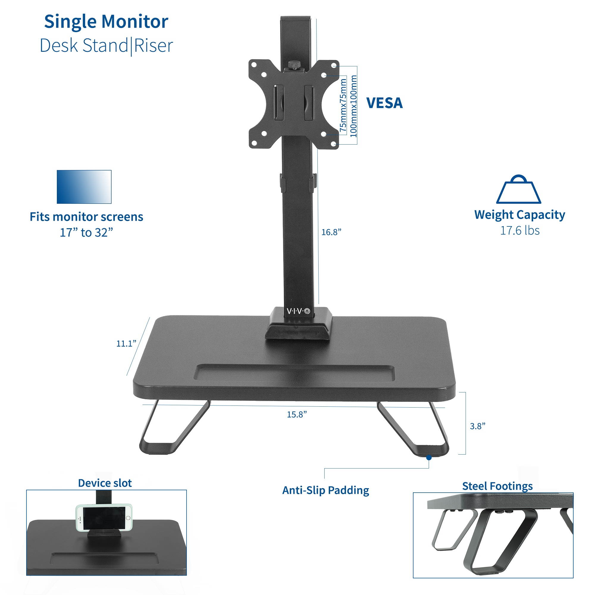 VIVO Black Freestanding Single Monitor Stand with Riser for 17&rdquo; to 32&rdquo; Screens | Mount with Storage (STAND-V101SF)