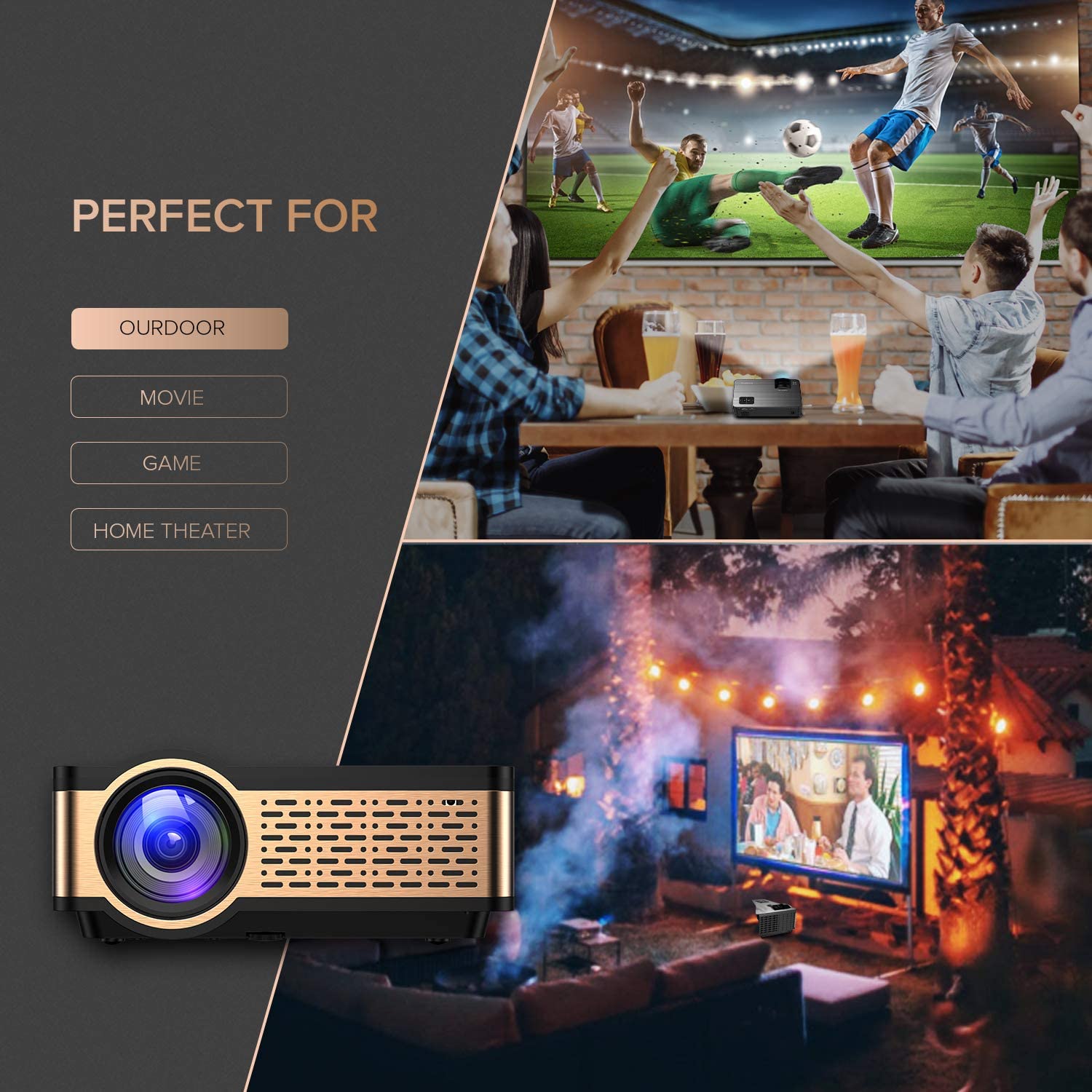 XIAOYA Outdoor Projector, HD Movie Projector Support 1080P, 4000 Lumens Home Theater Projector with HiFi Speaker, Compatible with HDMI, Fire Stick, USB (Black)