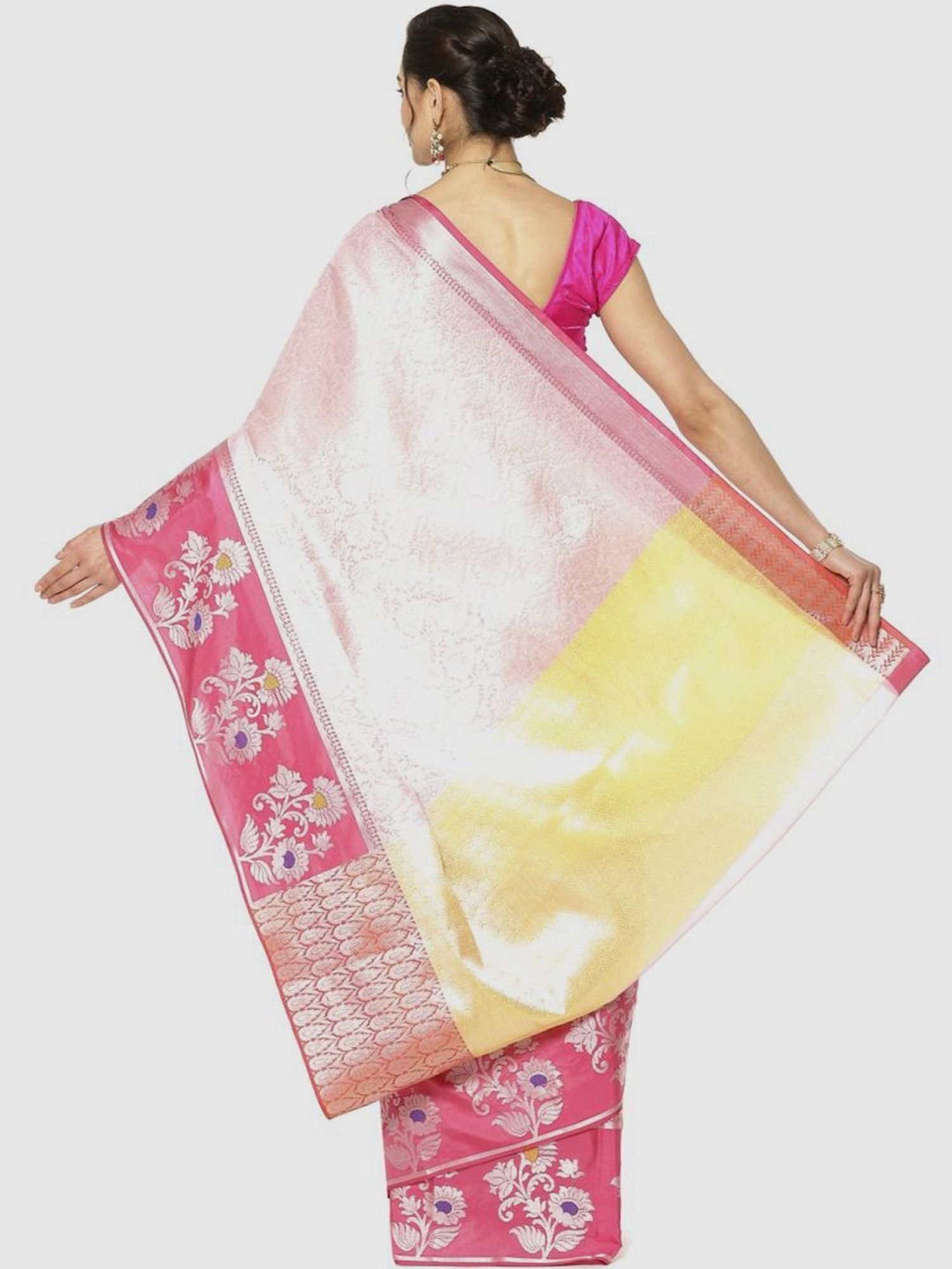 Banarasi Silk Works Pink & Yellow Woven Saree With Unstitched Blouse
