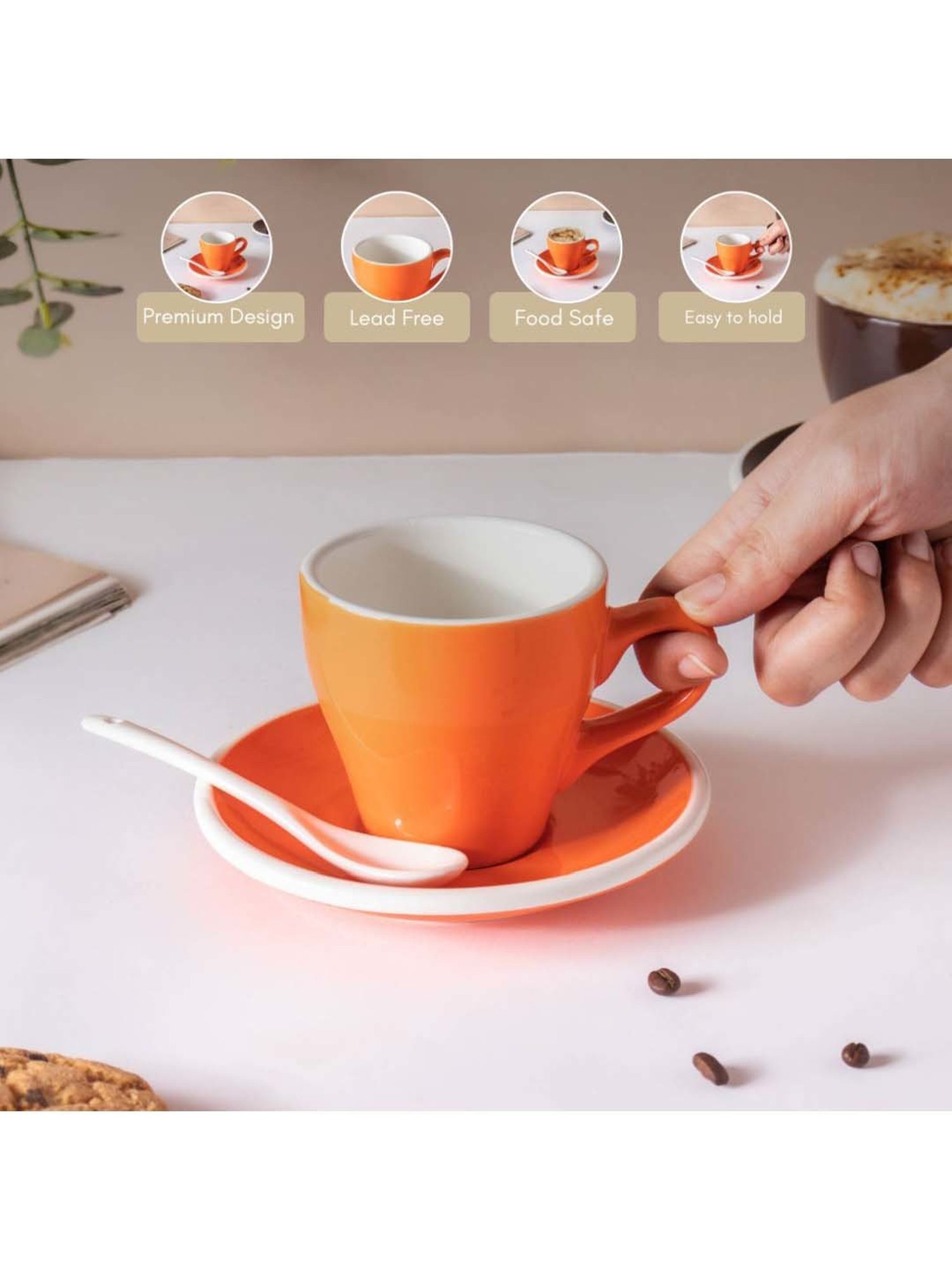 Nestasia Orange & White Food-Safe Ceramic Cup & Plate Set with Spoon, Microwaveable, Lead-Free 150ml