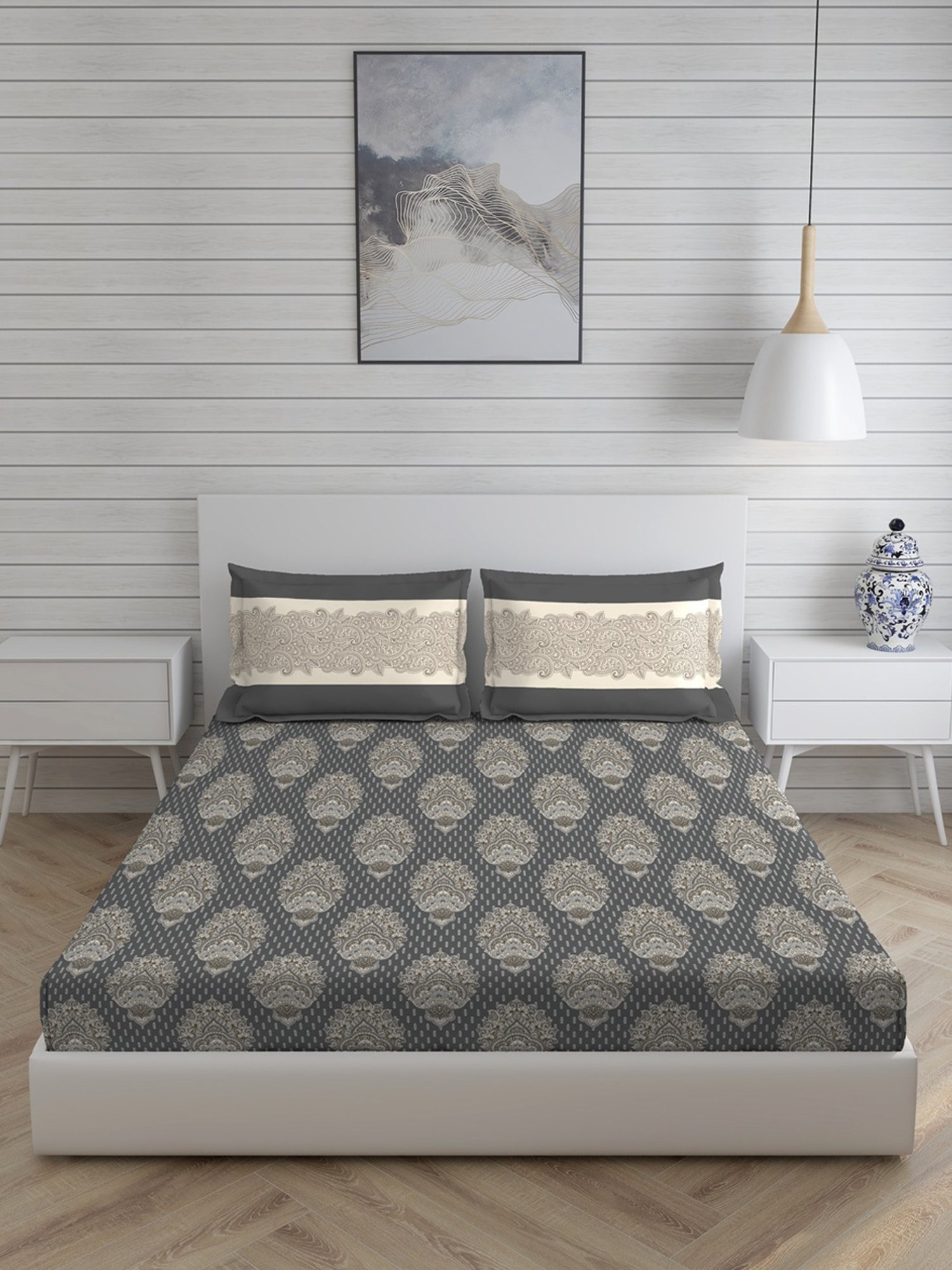 Layers Uphaar Floral Grey 140 TC Cotton Queen Bed Sheet with 2 Pillow Covers