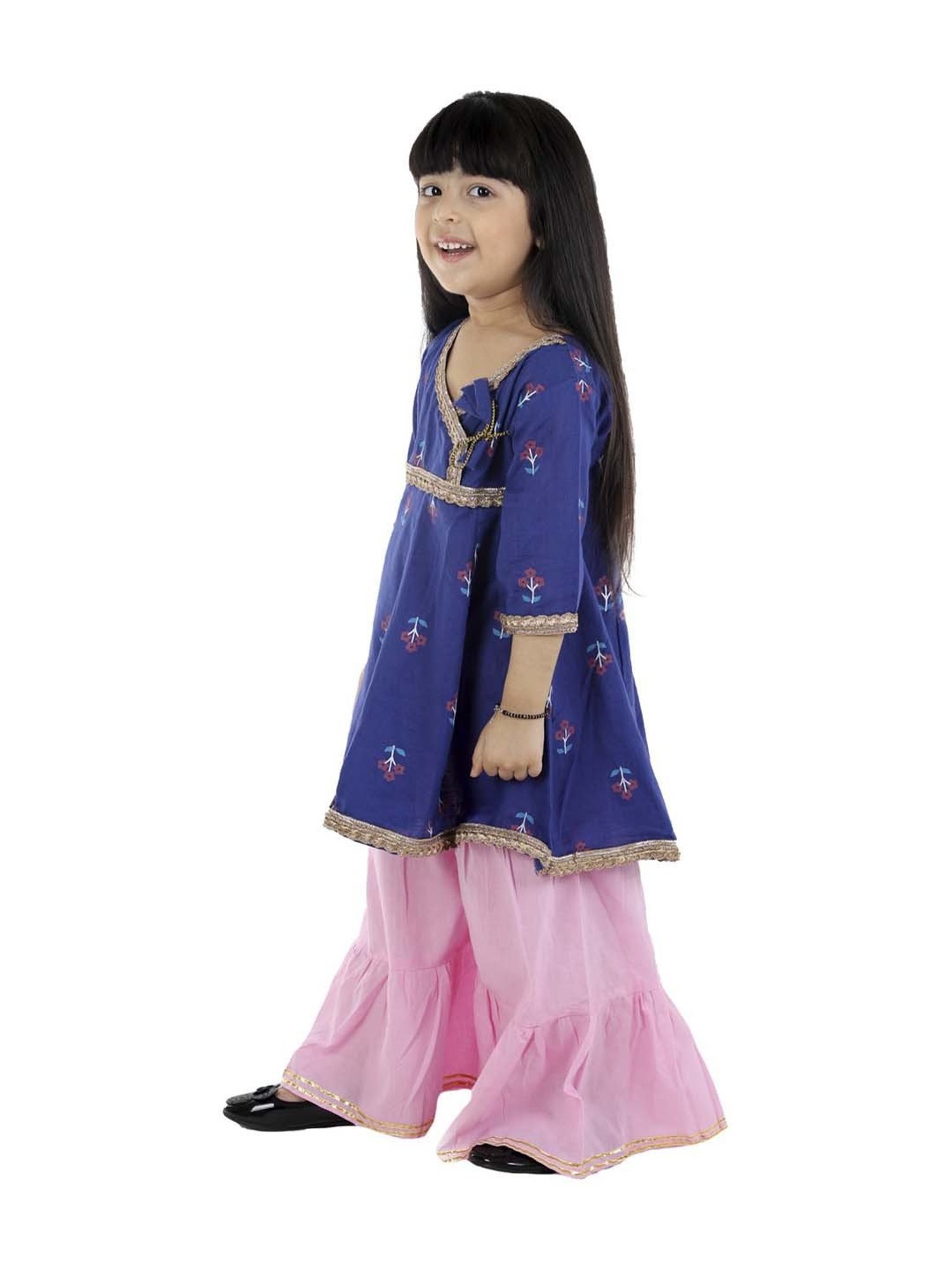 Ahhaaaa Kids Blue & Pink Cotton Floral Print Anarkali Set