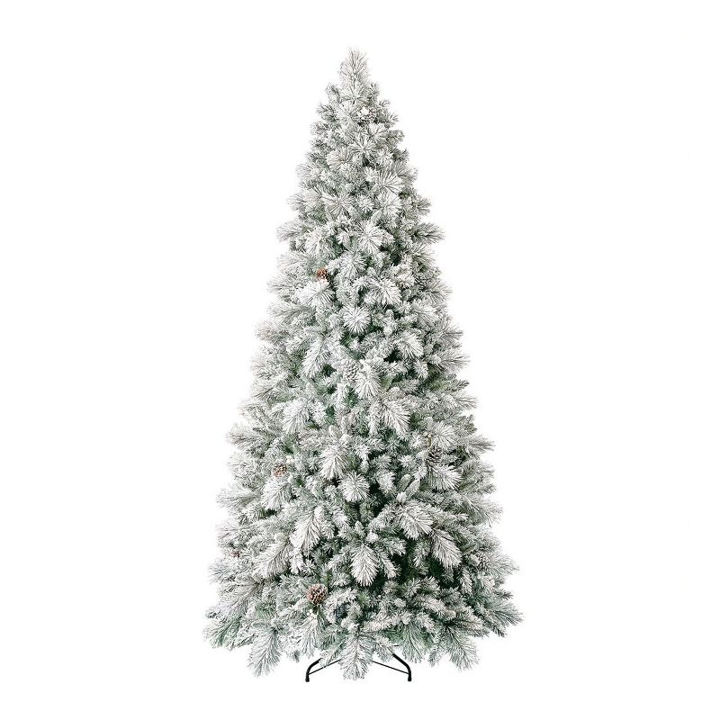 Home Heritage 9 Foot Snowdrift Snow Flocked Quick Set Pine Prelit Artificial Christmas Tree w/ Clear White Lights, Pinecones, Berries, and Metal Stand