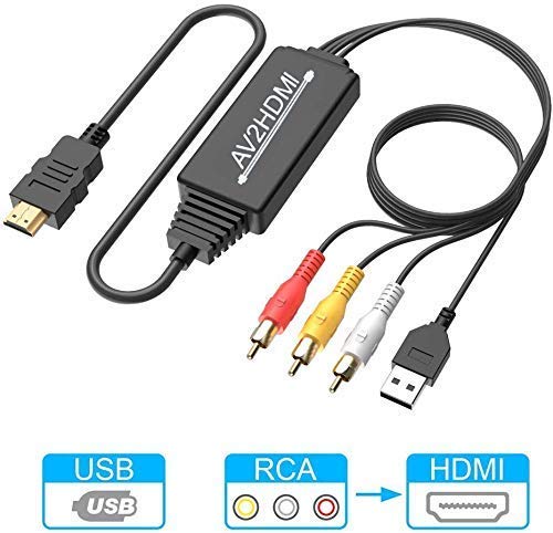 RCA to HDMI Converter, AV to HDMI cable, 3 RCA CVBS Composite to 1080P HDMI AV Adapter Supporting PAL NTSC for PC, Laptop, TV, STB, VHS, VCR Camera, DVD Etc