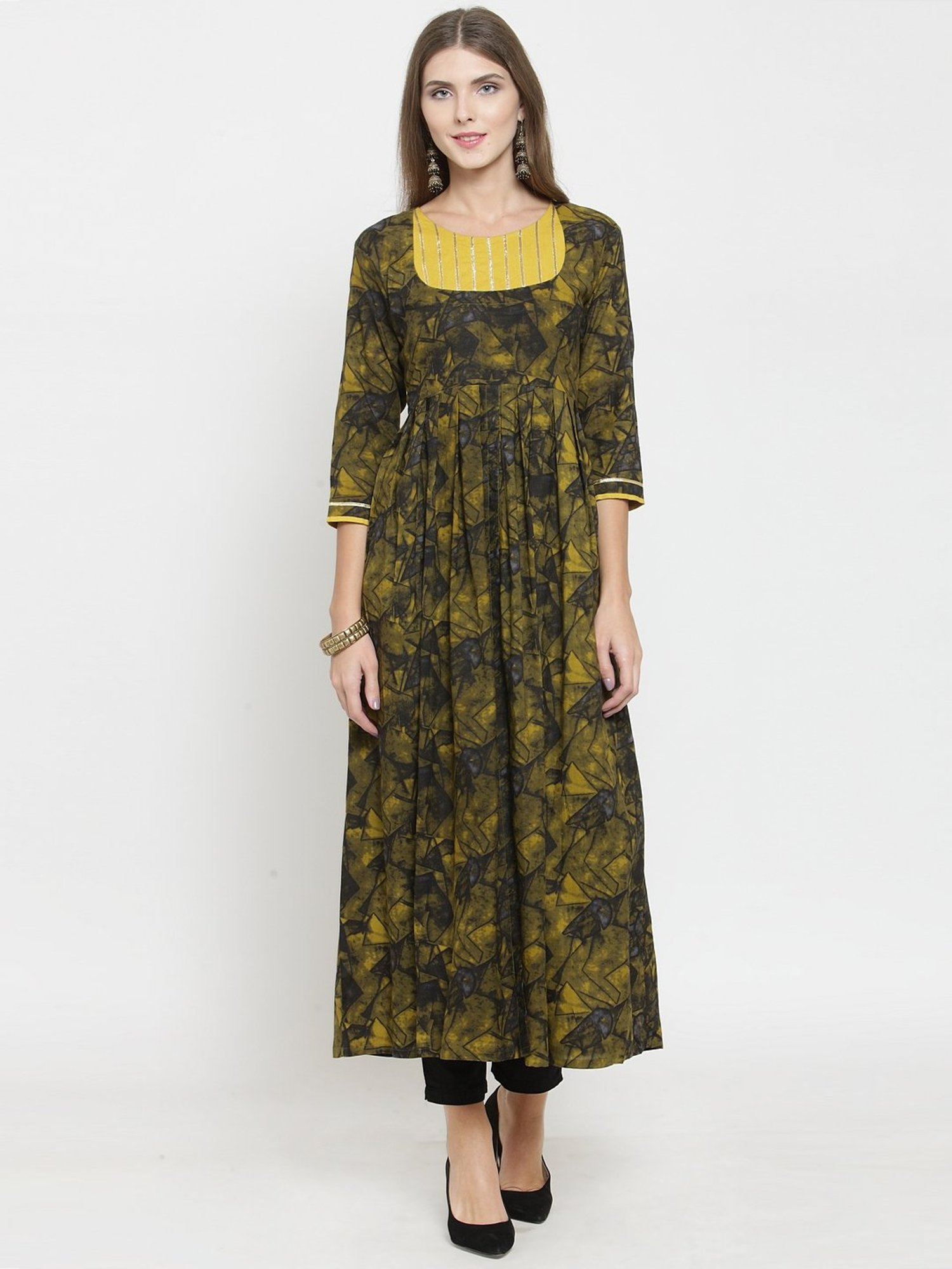 Indibelle Black & Yellow Printed A Line Kurta