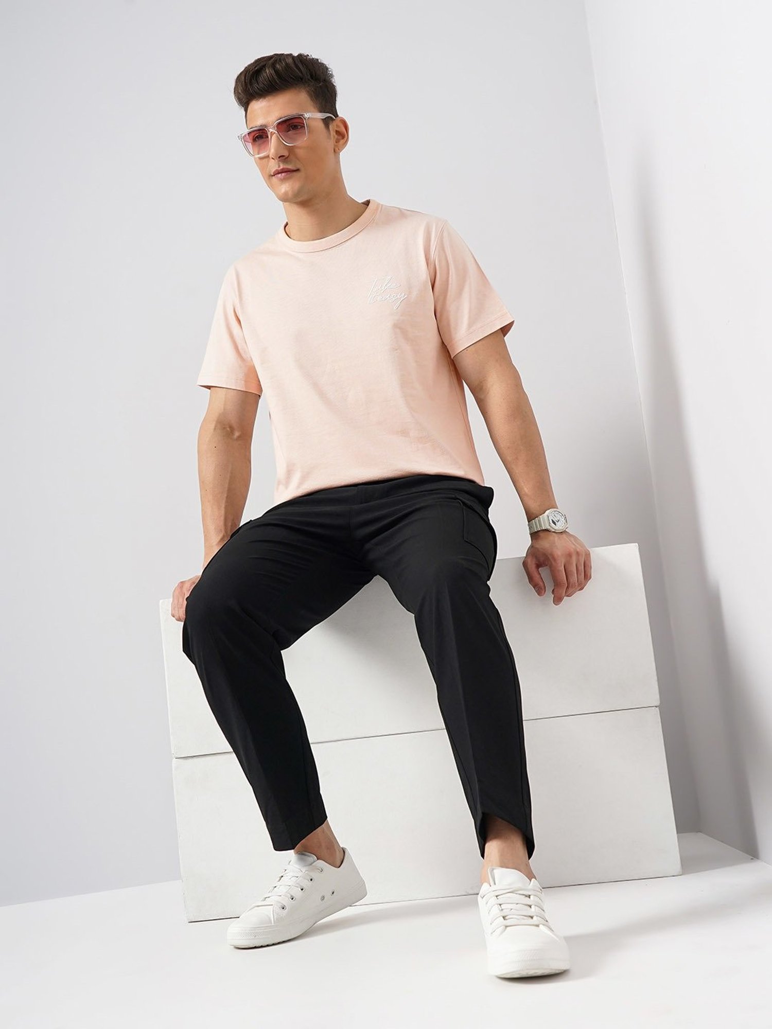 celio* Light Pink Regular Fit Cotton Crew T-Shirt
